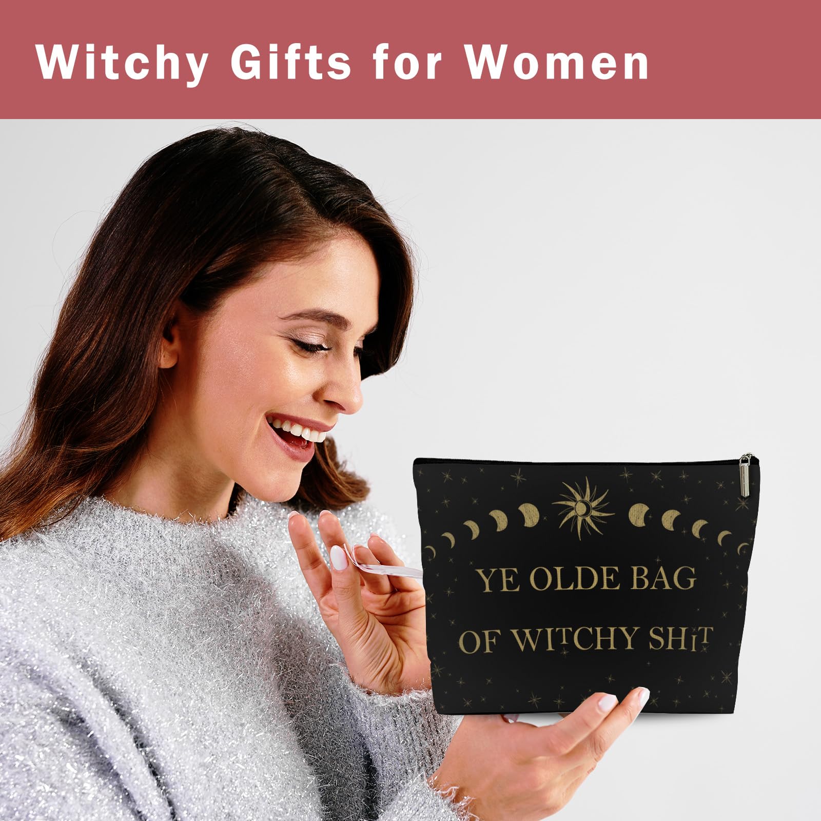 Witchy Makeup Bag for Women - Halloween & Birthday Gifts - Black Zipper Cosmetic Pouch for Travel & Parties