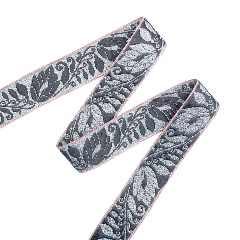 JL 385 Jacquard Metallic Silver Grey Floral Vine Ribbon with Light Pink Woven Edges - 1-3/16