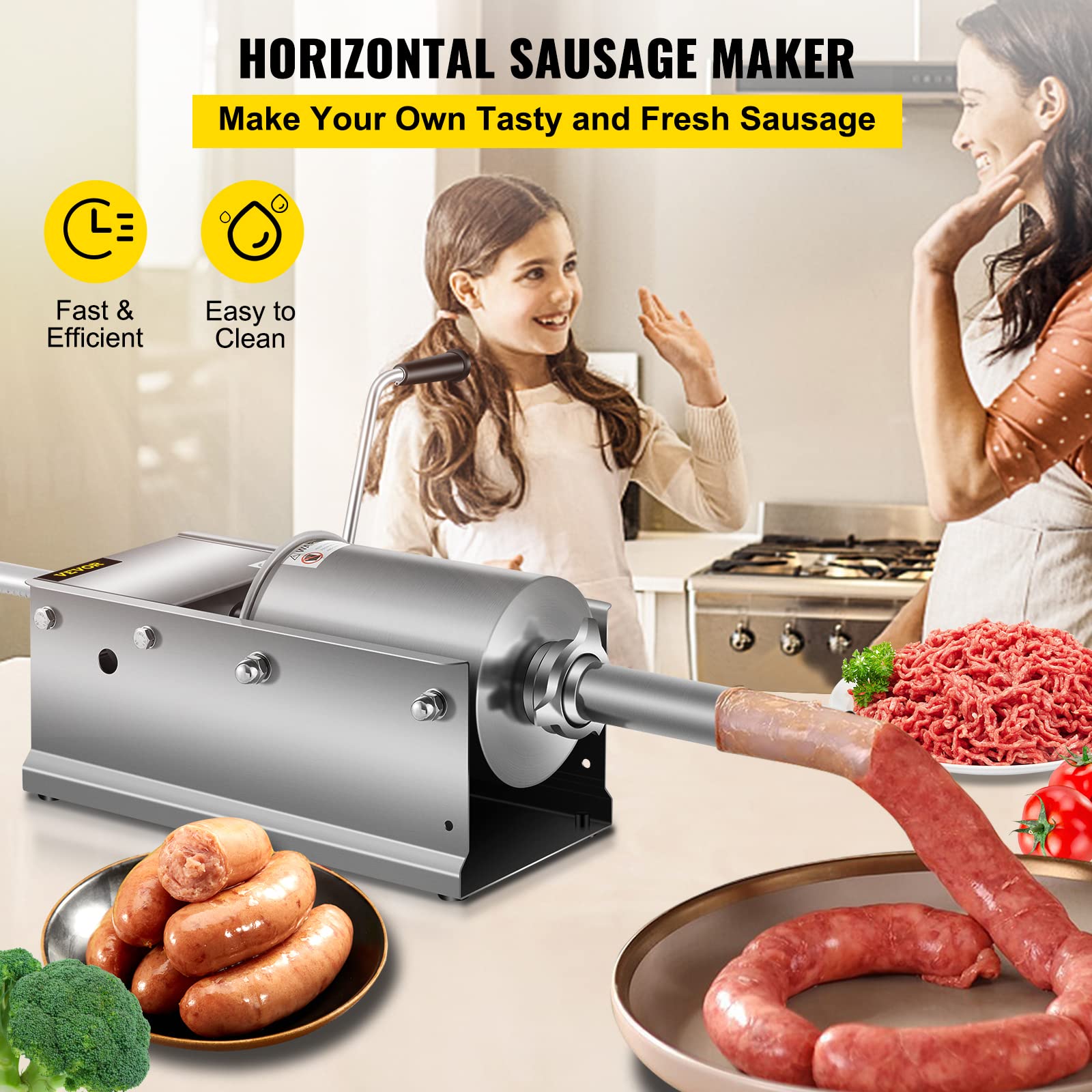 VEVOR 3L Manual Stainless Steel Sausage Stuffer - Horizontal Sausage Filler Machine for Home & Commercial Use | Perfect for Sausage Making, Meat Processing, BBQ Parties & Food Preparation