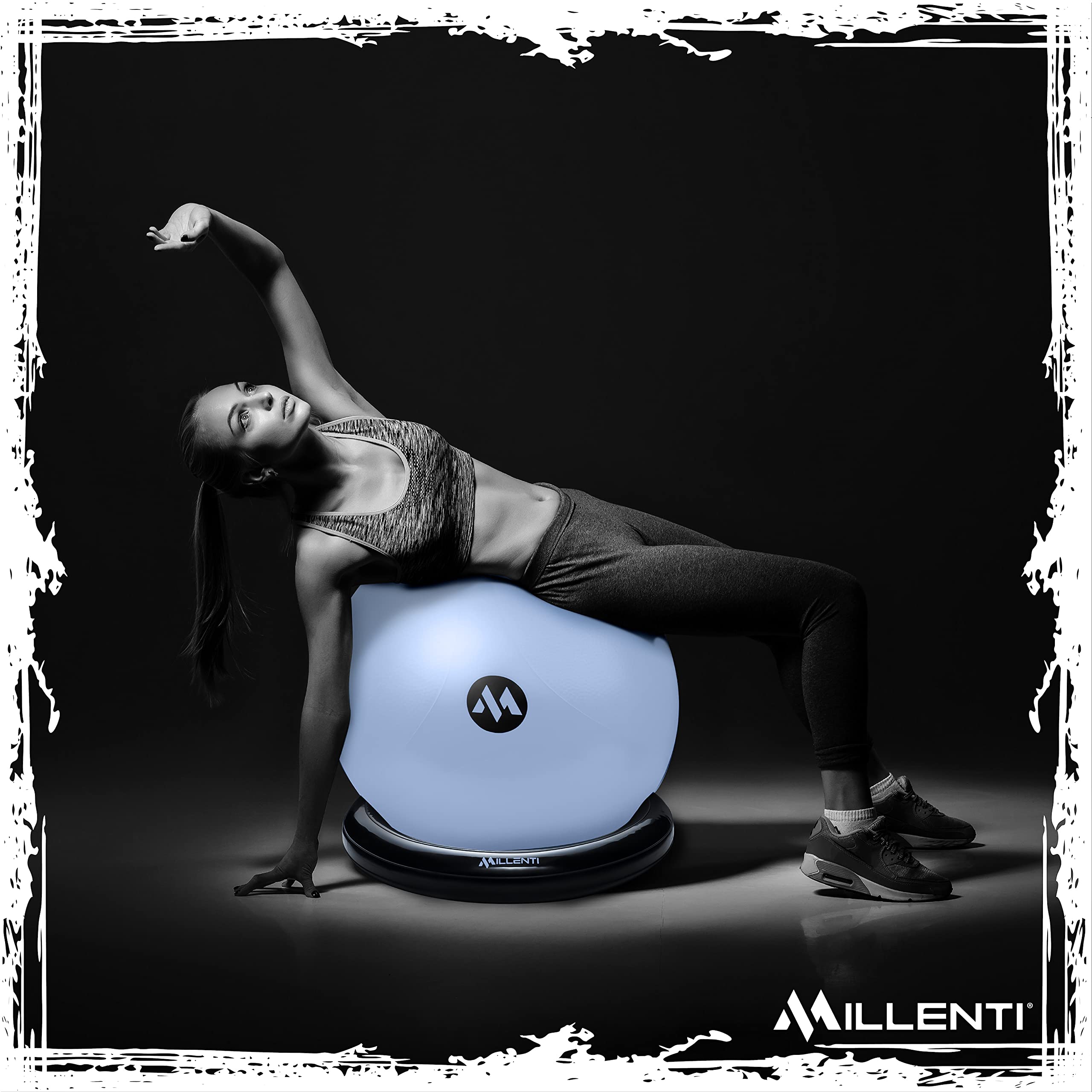Millenti 65cm Exercise Ball Chair with Stability Base Ring Kit & Resistance Bands - Yoga, Pilates, Home Gym, Office Chair, Pregnancy Birthing Ball - Includes Workout Chart - Perfect for Home Fitness, Office Ergonomics, Prenatal Yoga and Postpartum Recovery