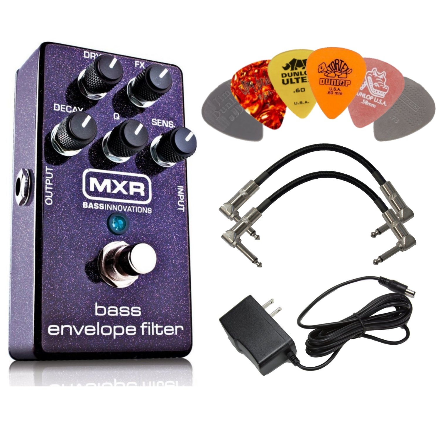 MXR M82 Bass Envelope Filter Pedal Bundle with Power Supply, 2 Guitar Patch Cables & 6 Dunlop Picks - Professional Bass Effects for Live Performance & Studio Recording