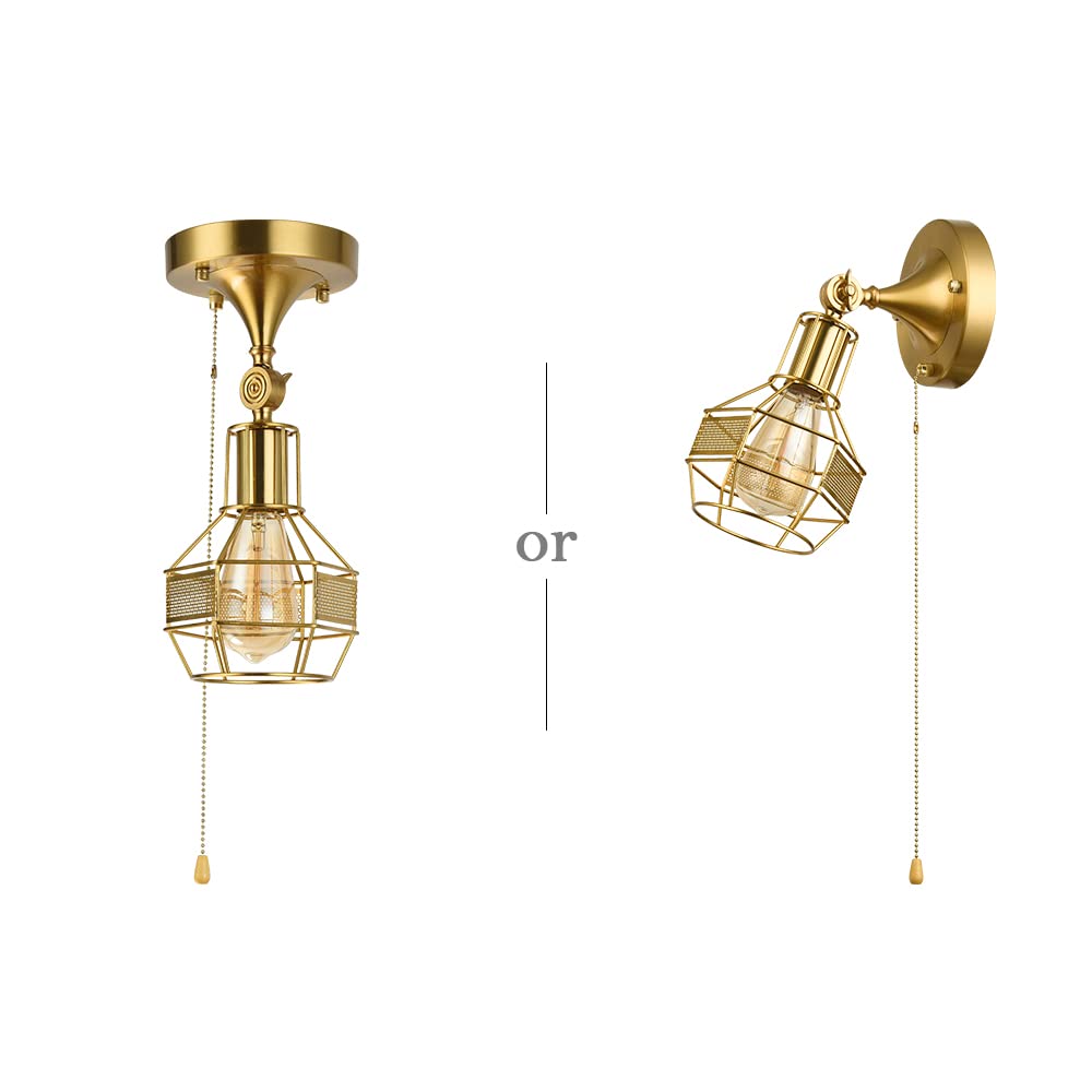 Baiwaiz Luxury Industrial Pull String Wall Sconce Lamp - Modern Brass Metal Cage Semi Flush Mount Ceiling Light with Pull Chain, Small Round Vanity Light Fixture for Bedroom, Living Room, or Bathroom - Edison E26 Base (Model 19021)