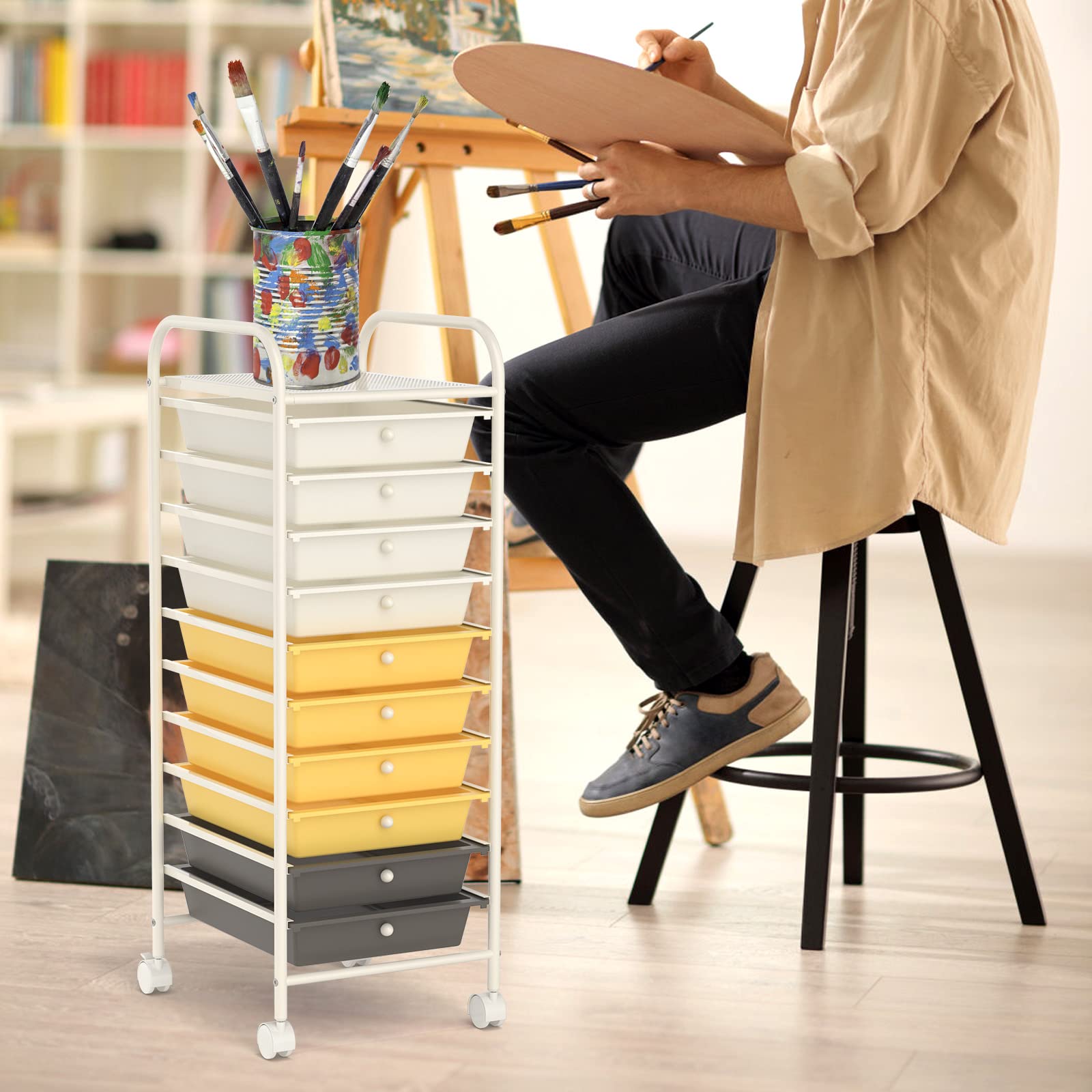 COSTWAY 10-Drawer Rolling Storage Cart with Removable Drawers, Universal Casters & 2 Brakes | Mobile Utility Trolley for Home Office Organization | Perfect for Craft Supplies, Beauty Products & School Essentials (Yellow)