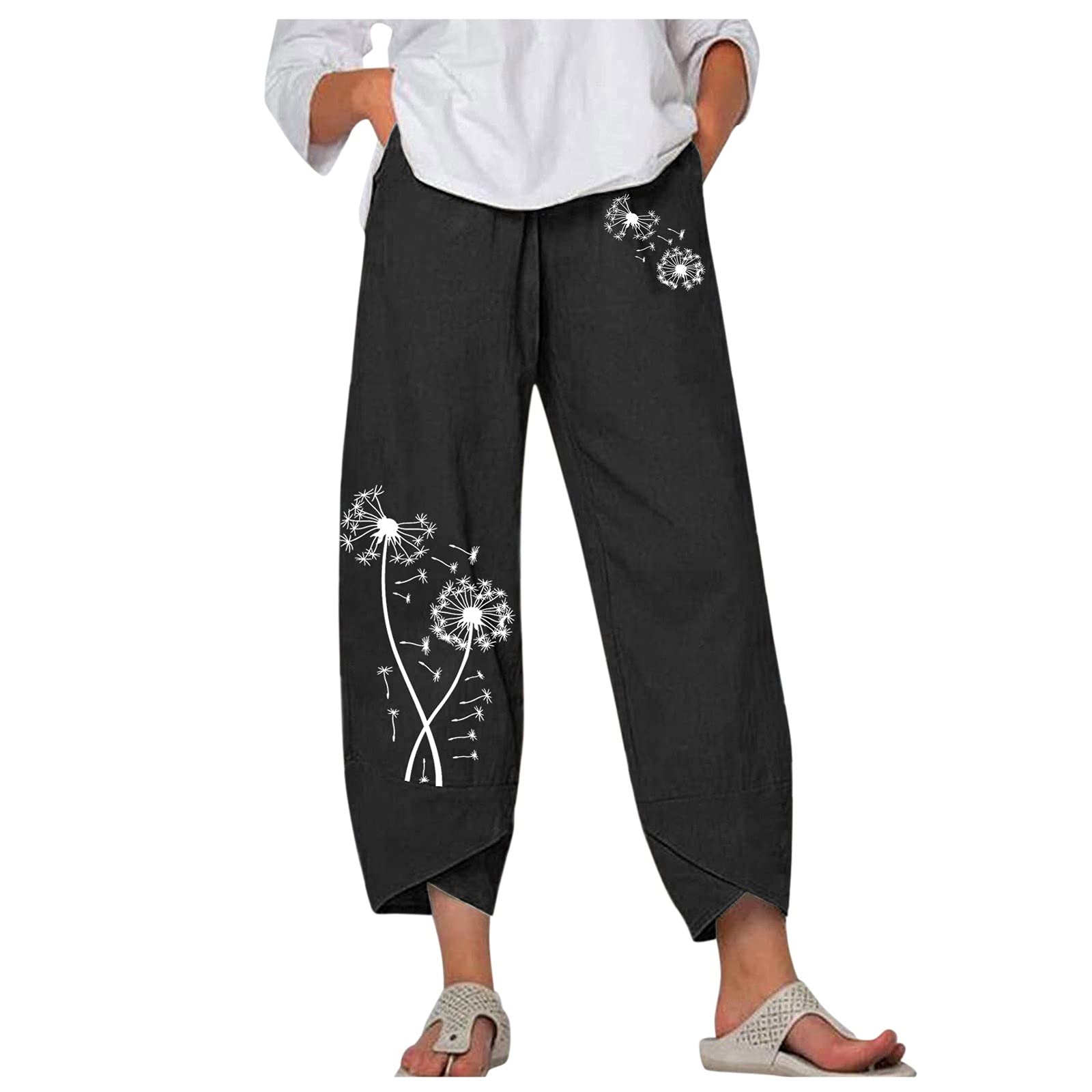 Comfortable Cotton Linen Lounge Pants for Women - Soft Elastic Waist, Loose Fit with Pockets, Stylish Printed Casual Pants - Perfect for Home, Yoga, Travel & Relaxation