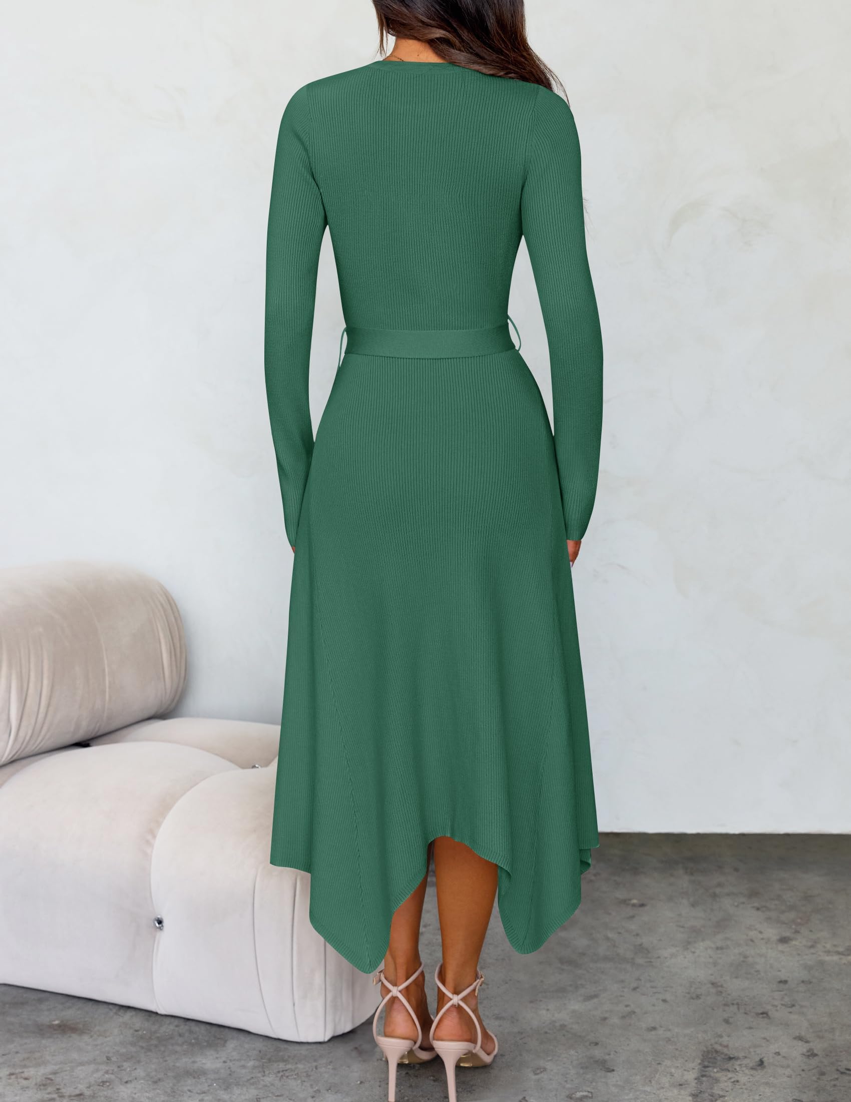 ZESICA Women's 2025 Spring Long Sleeve Ribbed Knit Sweater Dress with Belt - High Waist Midi Dress for Work, Date Night & Casual Outings