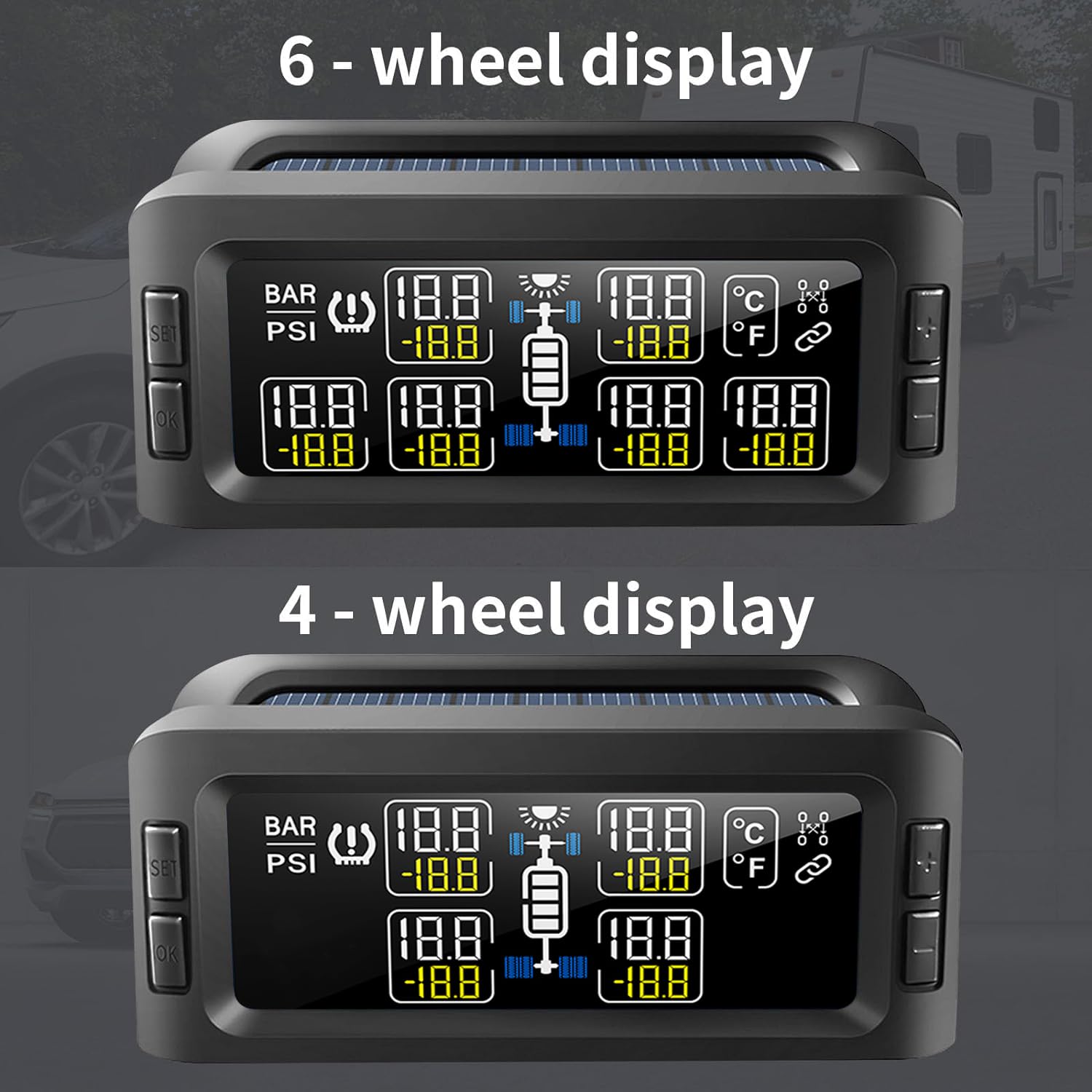 B-Qtech RV TPMS Solar Tire Pressure Monitoring System with 6 Flow Thru Sensors & Signal Repeater - Real-Time Pressure/Temperature Display, 7 Alarm Modes for RVs, Trailers, Buses, Motorhomes & Trucks - Perfect for Long-Distance Travel & Fleet Safety Monitoring