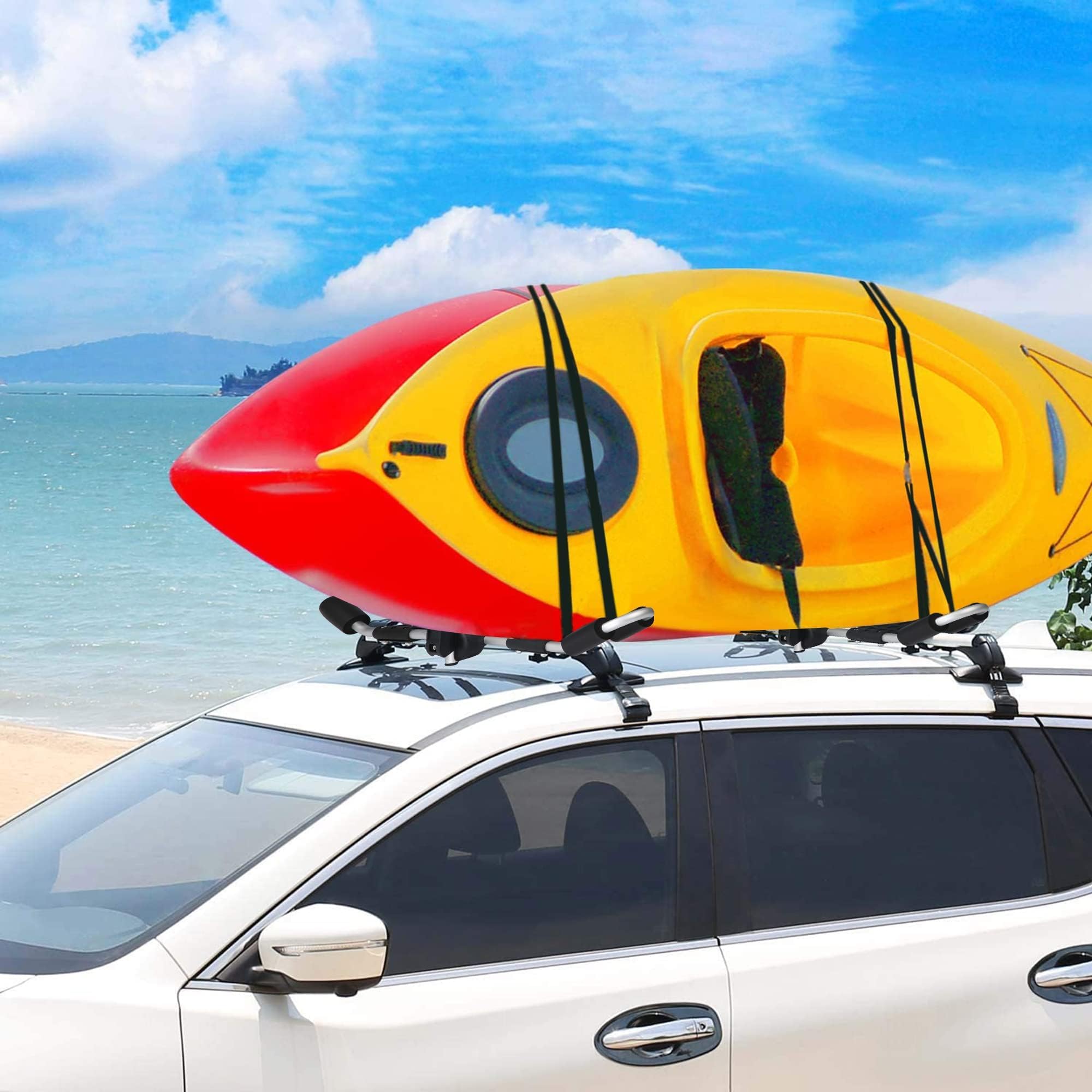Folding J-Bar Kayak Roof Rack for Cars, SUVs & Trucks - Heavy Duty Aluminum Carrier for 2 Kayaks, Canoes, SUPs, Surfboards & Ski Boards with Paddle Holder | Perfect for Road Trips, Beach Adventures & Outdoor Water Sports
