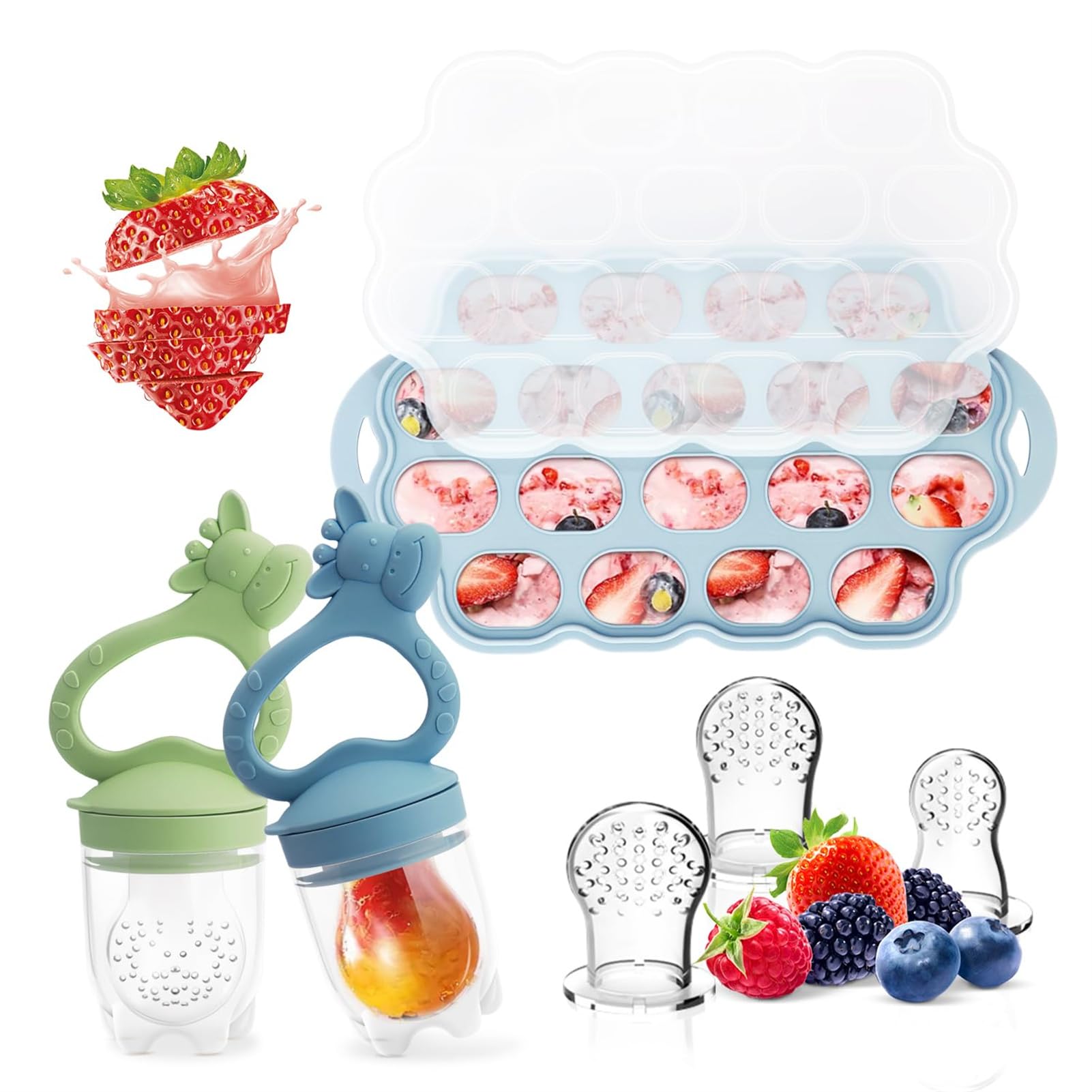 Organic Baby Food Feeder & Breastmilk Popsicle Molds - 6 Pack Silicone Teething Relief Pacifiers with Lid for Newborns & Infants - BPA-Free Freezer Safe for Homemade Puree & Breastmilk Storage - Perfect for Teething Pain Relief & Introducing Solid Foods (Blue & Cyan) - Ideal for Daycare, Travel & On-the-Go Feeding