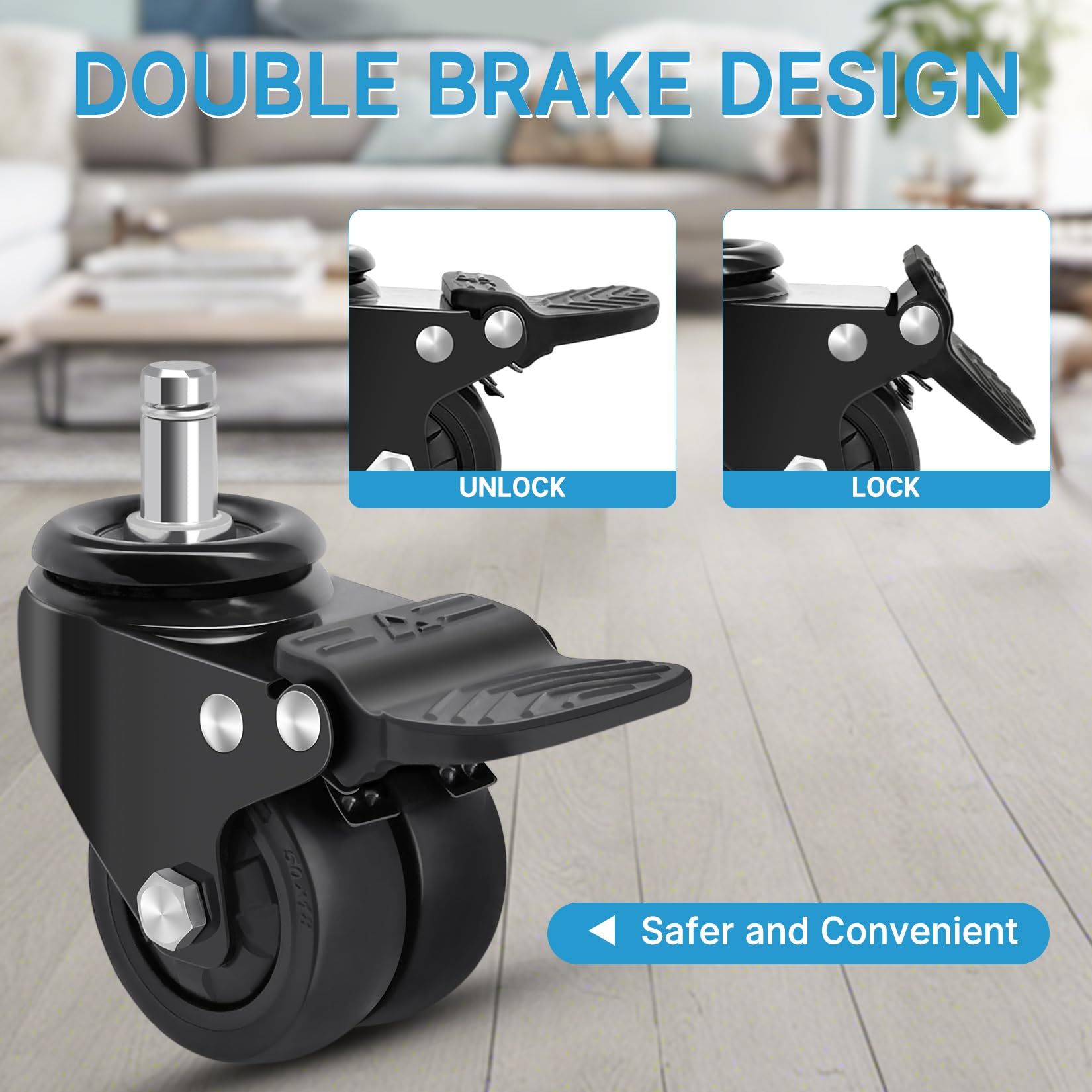 **Heavy Duty 2 Inch Office Chair Caster Wheels with Brake - 11mm Stem, 750lbs Capacity (Set of 5) - Universal Fit, Quiet Rubber Rollers for Hardwood & Carpet Floors - Perfect for Home Office, Conference Rooms & Workspaces**
