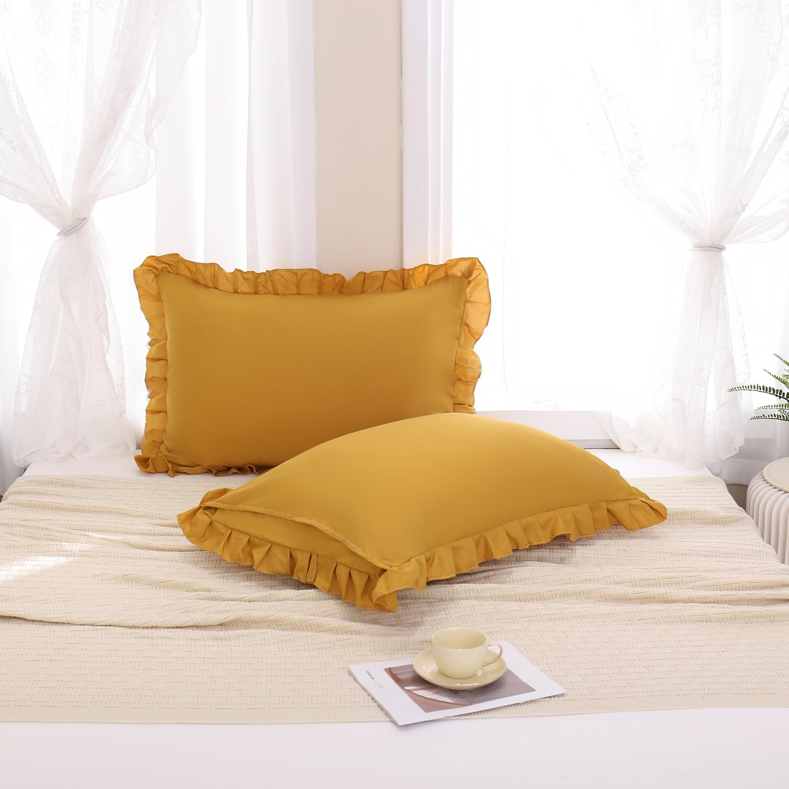 Merryword Mustard Yellow Ruffled Pillowcases Set of 2 - King Size Shabby Chic Pillow Shams with Fringe Design | Perfect for Bedroom Decor, Boho Home Accents & Cozy Farmhouse Style