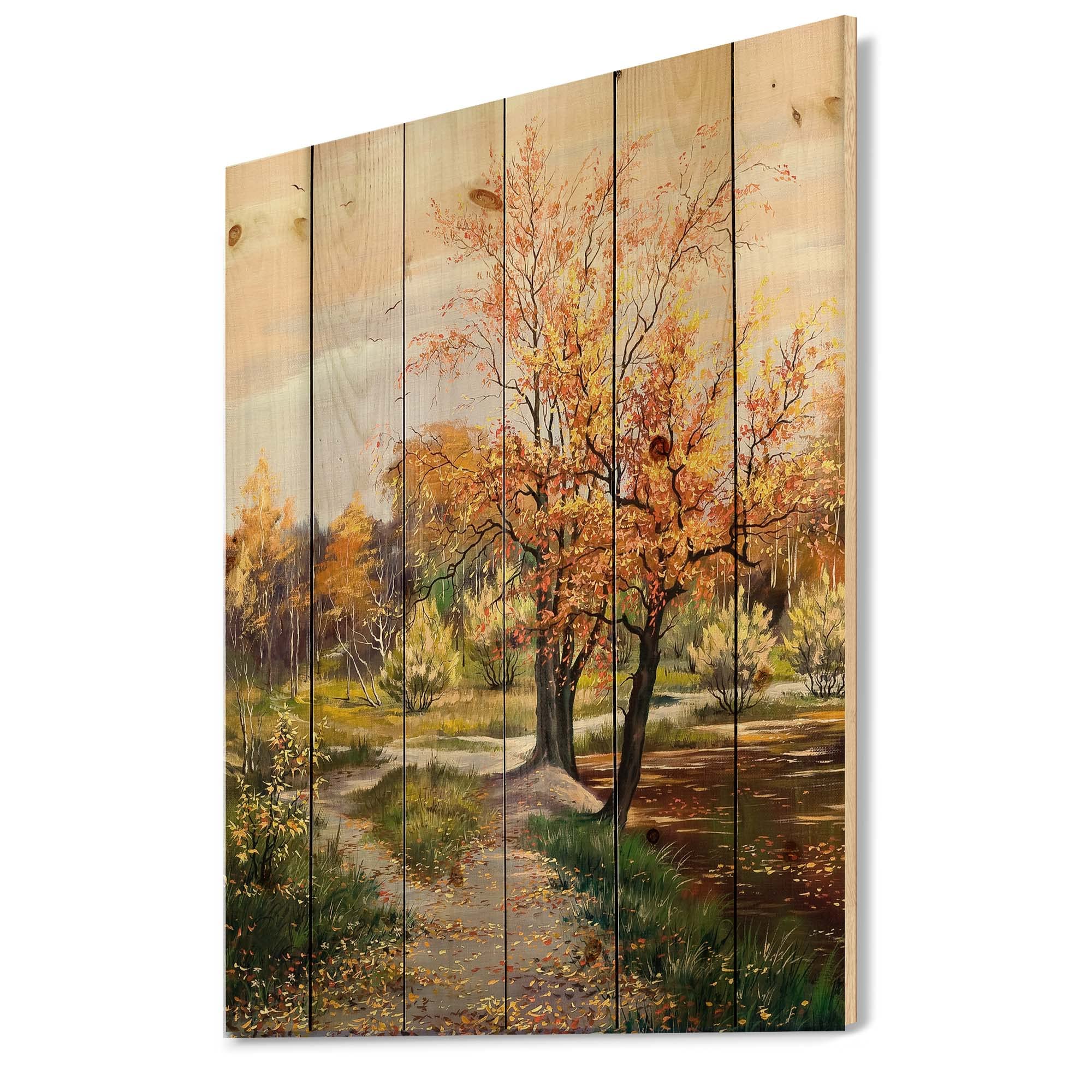 DesignQ Orange Woods River Country Wood Wall Decor - Large Yellow Landscape Wood Wall Art Panel Printed on Natural Pine - Perfect for Living Room, Bedroom & Office Decor