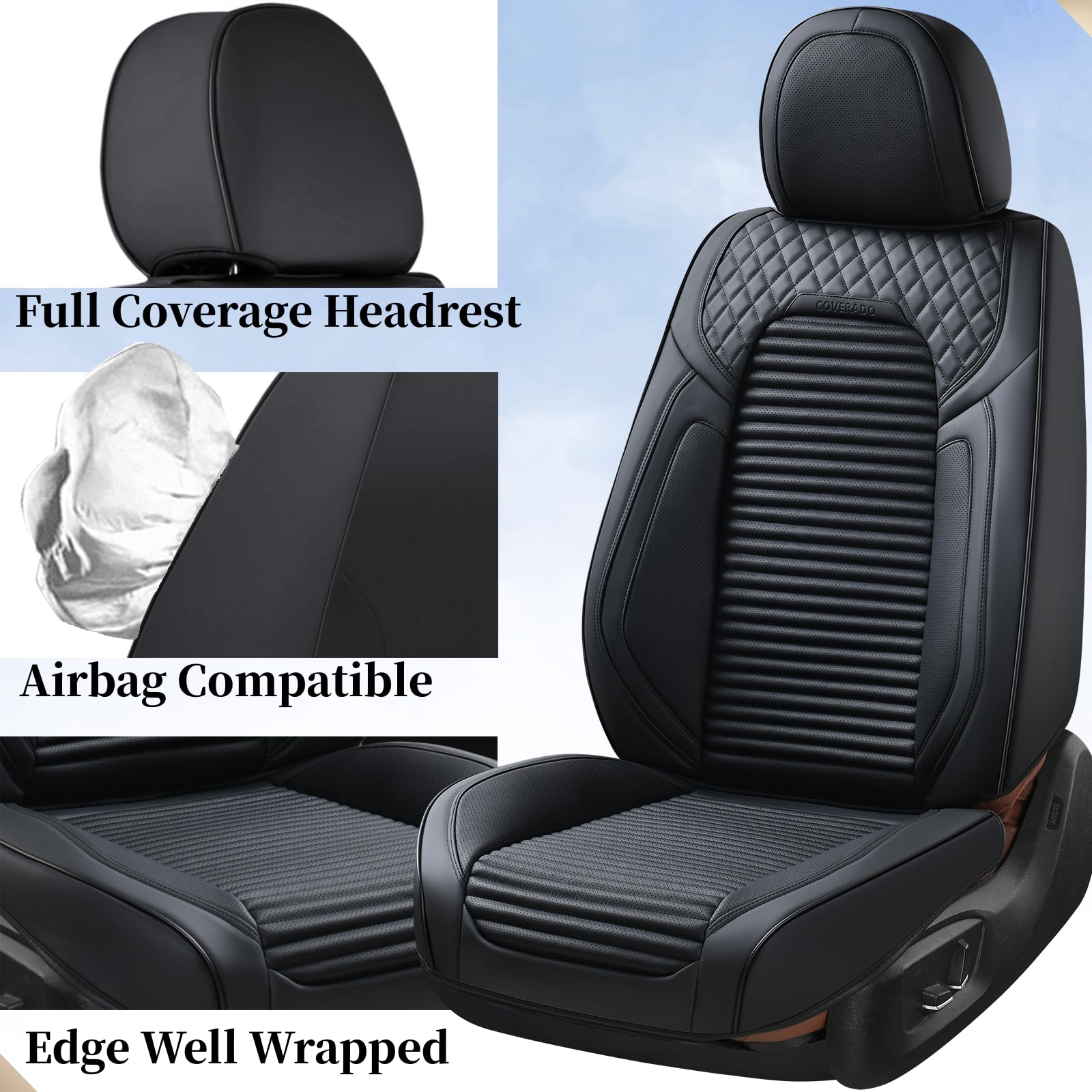 Premium Leather Front Seat Covers for Cars & SUVs - Universal Fit Black Car Seat Protectors with Red Stitching | Durable & Stylish for Daily Commute, Road Trips & Family Travel