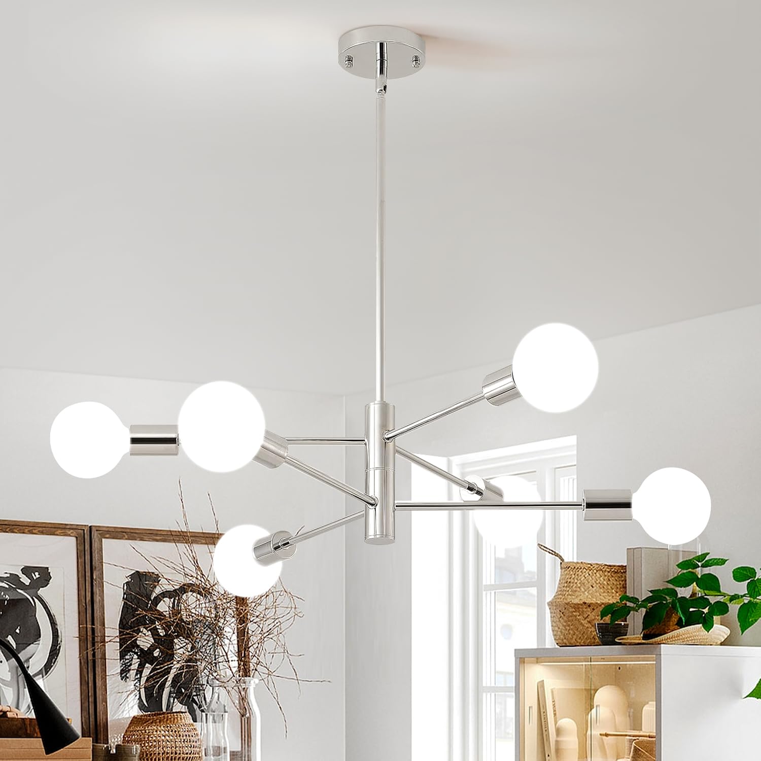 Modern Sputnik Chandelier Brushed Nickel 6-Light Adjustable Pendant Lighting - Mid Century Ceiling Fixture for Living Room, Bedroom, Kitchen, Dining Room & Foyer - Perfect for Home Decor, Dining Areas and Open Concept Spaces