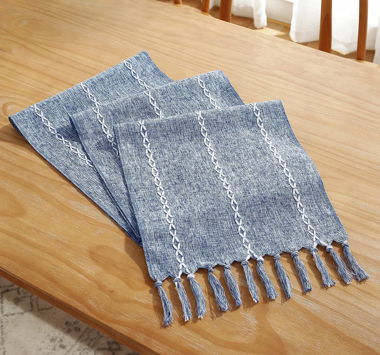 Rustic Farmhouse Linen Table Runner 90 Inches - Handmade Boho Tassel Embroidery Table Decor for Holiday Party, Dining Table, Dresser, Wedding & Home Decor (13x90 Inch, Blue) - Perfect for Farmhouse, Boho & Rustic Themed Events