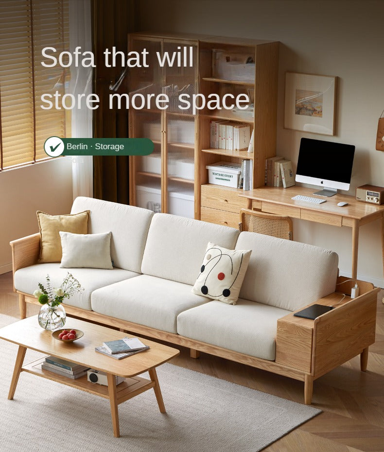 Oak Solid Wood Space-Saving Storage Sofa - Functional Multi-Purpose Sofa Bed with Hidden Storage for Small Apartments, Living Rooms & Guest Rooms