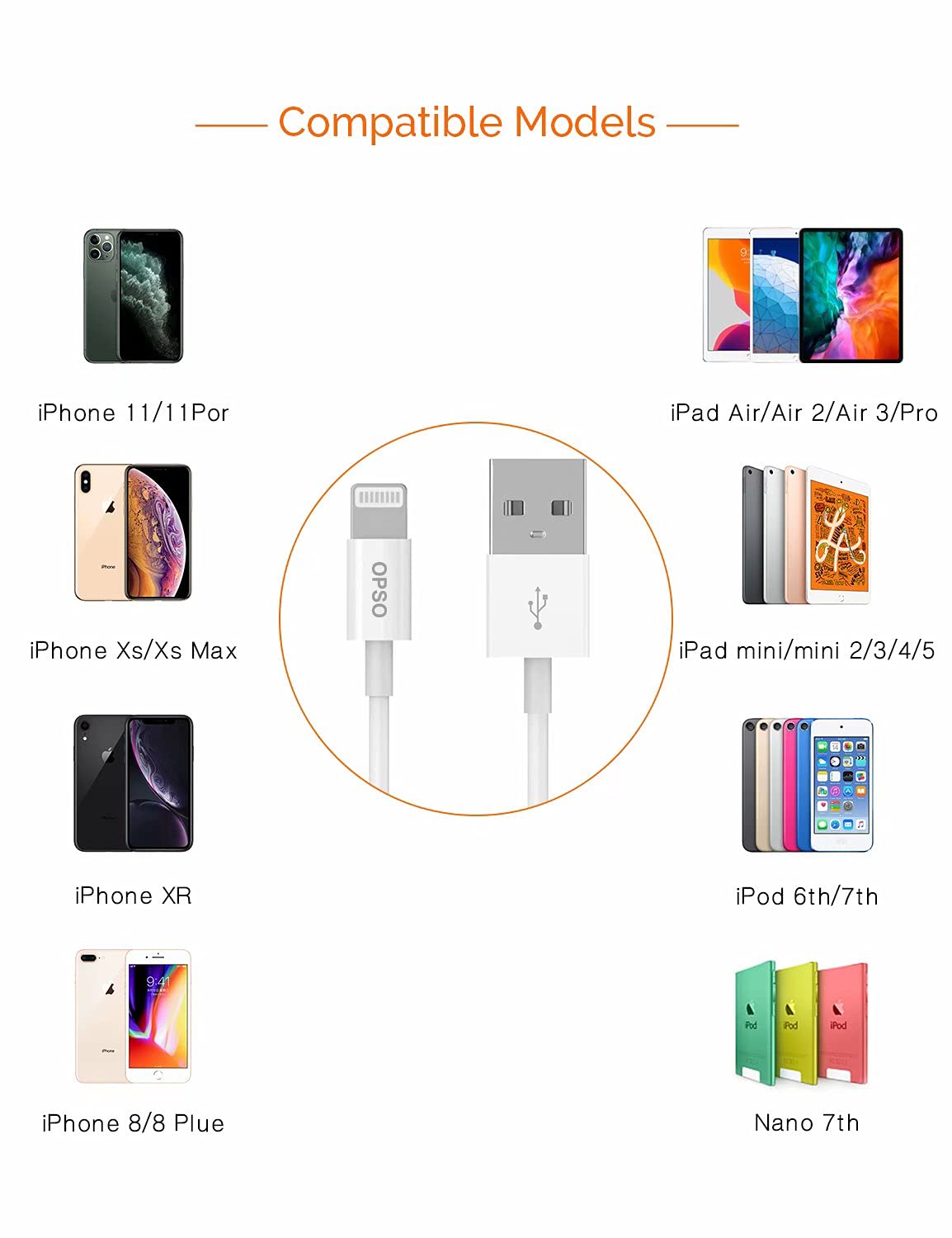 OPSO 3.3ft MFi Certified Lightning Cable - USB A to Lightning Charger for iPhone 14/13/12/11/XS/XR/8/7/6 - Fast Charging & Sync - Durable White Cable (1 Pack) - Perfect for Home, Office & Travel Charging