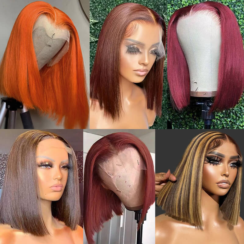 Eullair Short Bob Wigs 13x4 Lace Front Human Hair Wig - Pre-Colored Burgundy Highlight Straight Hairpiece for Women | Perfect for Daily Wear, Cosplay & Special Occasions