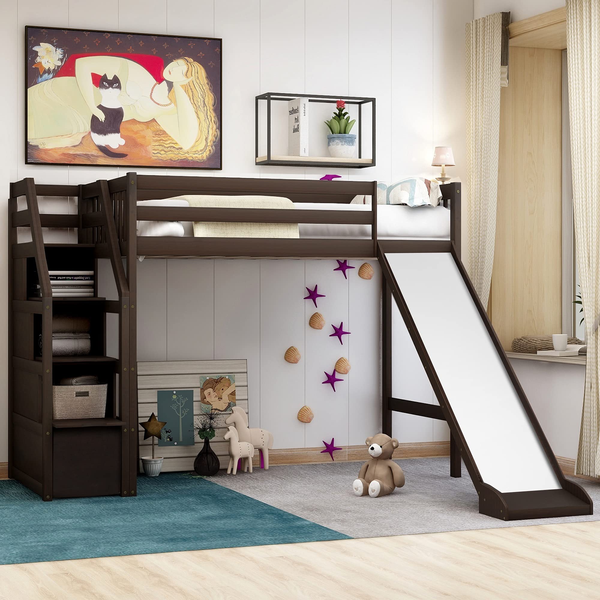 Twin Size Loft Bed Frame with Slide, Staircase & Safety Guardrails - No Box Spring Needed for Teens, Boys & Girls - Espresso Finish - Perfect for Small Bedrooms, Dorm Rooms & Kids' Play Areas