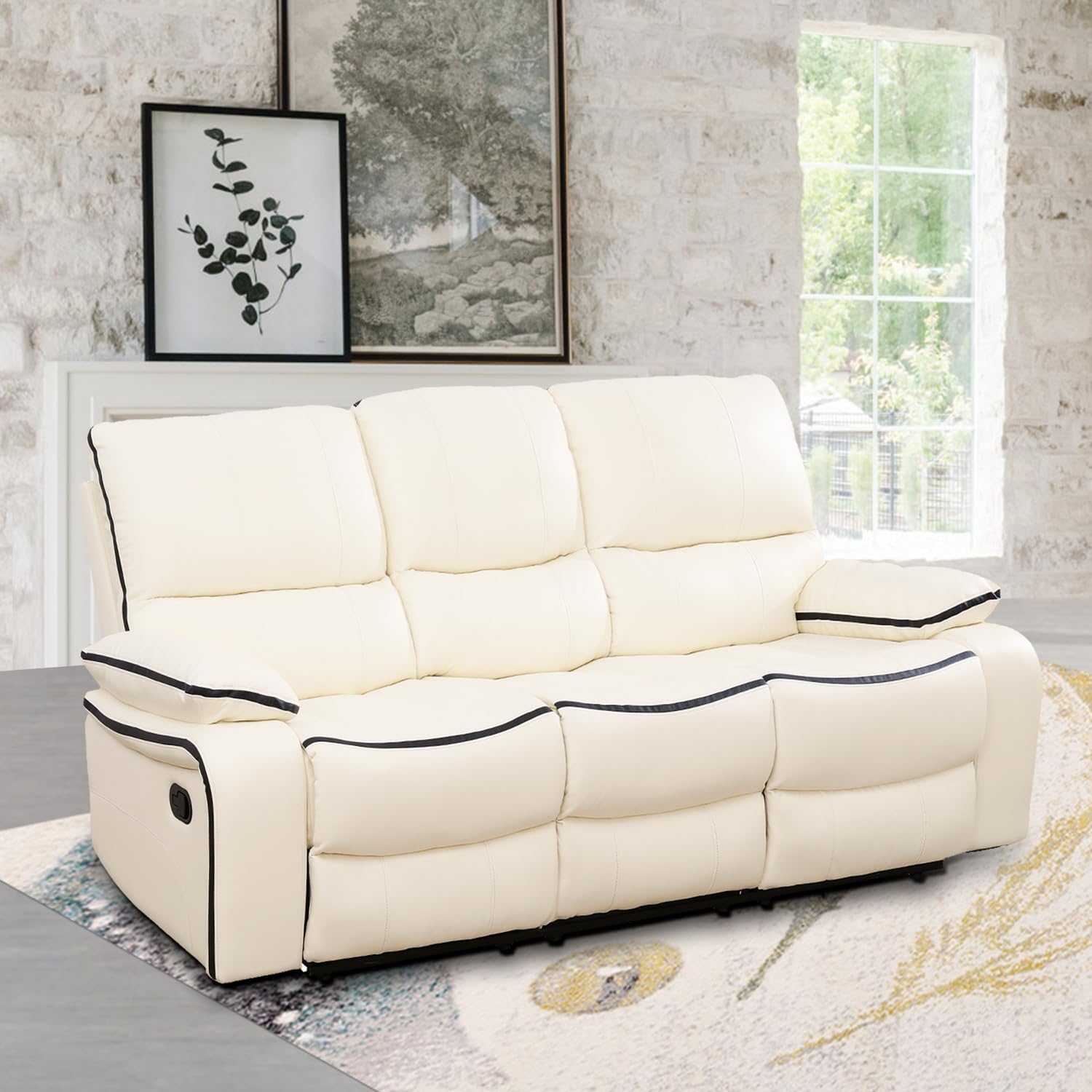 Bonded Leather Recliner Sofa Set with Cup Holders - Living Room & Office Furniture (Loveseat & Couch, Cream White) | Perfect for Family Movie Nights & Home Theater Lounging