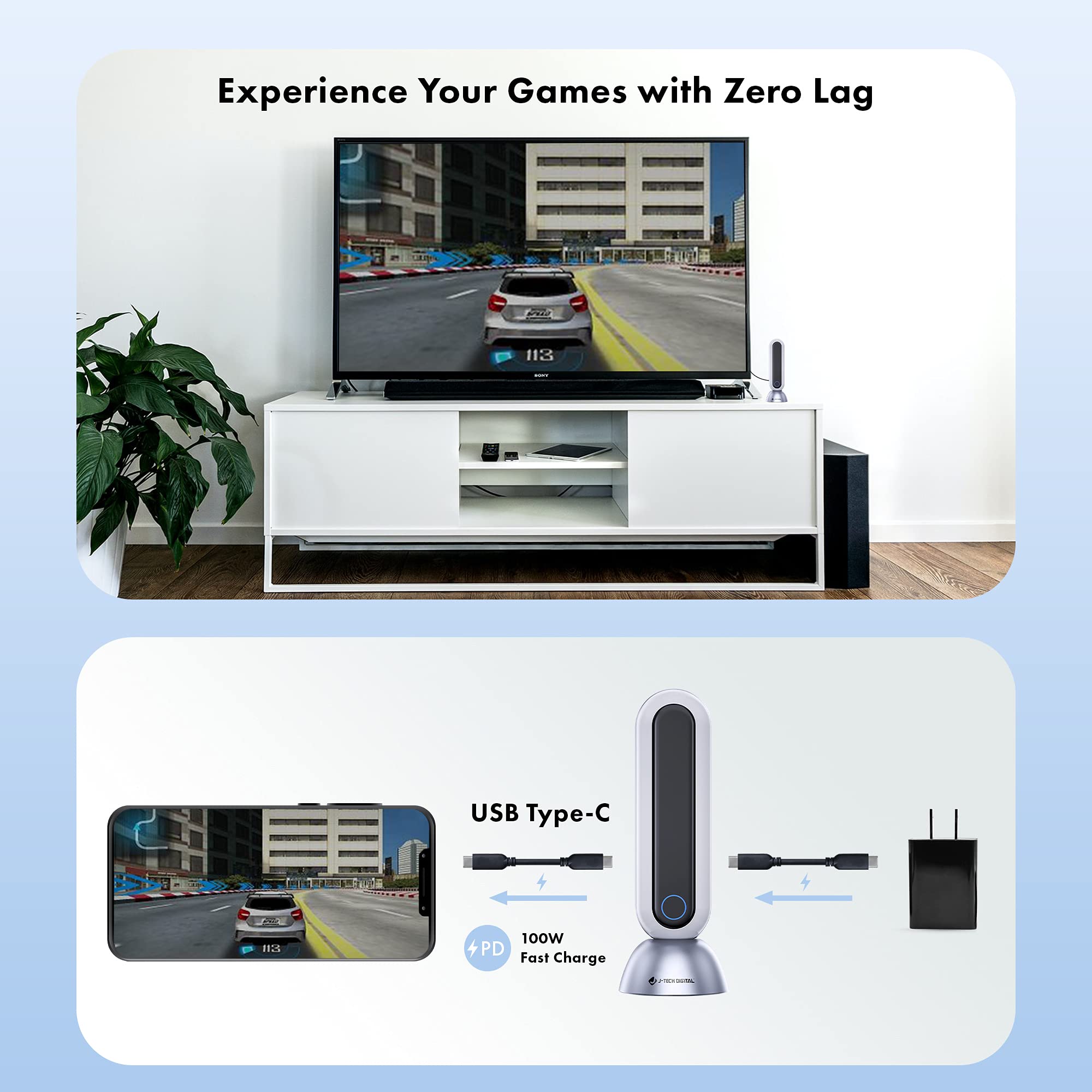 J-Tech Digital 4K Wireless HDMI Extender Kit - USB-C Transmitter & Receiver for 4K 30Hz & 1080p 120Hz, 80ft Range, Zero Latency, Fast Charging - Perfect for Home Theater, Gaming & Office Presentations [JTECH-W6]