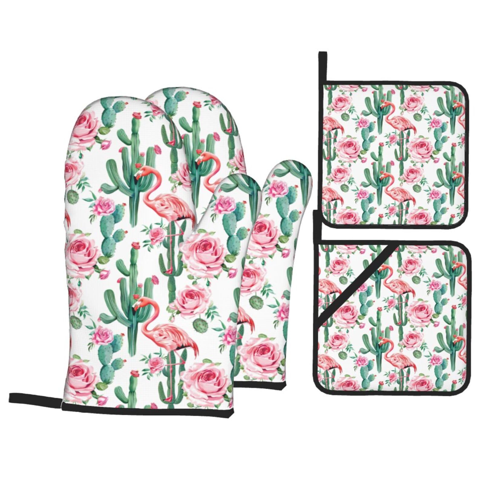 4-Piece Oven Mitts and Potholders Set - Watercolor Pink Flamingo Cactus Roses Floral Design - Heat Resistant Baking Gloves & Pot Holders for Cooking, BBQ, Baking, and Kitchen Decor