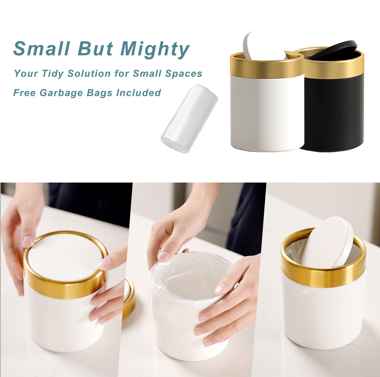 Mini Trash Can with Lid - 1.5L Small Metal Garbage Bin for Desk, Office, Kitchen Counter & Coffee Bar | Compact Waste Basket for Home & Workspace | Elegant White Design