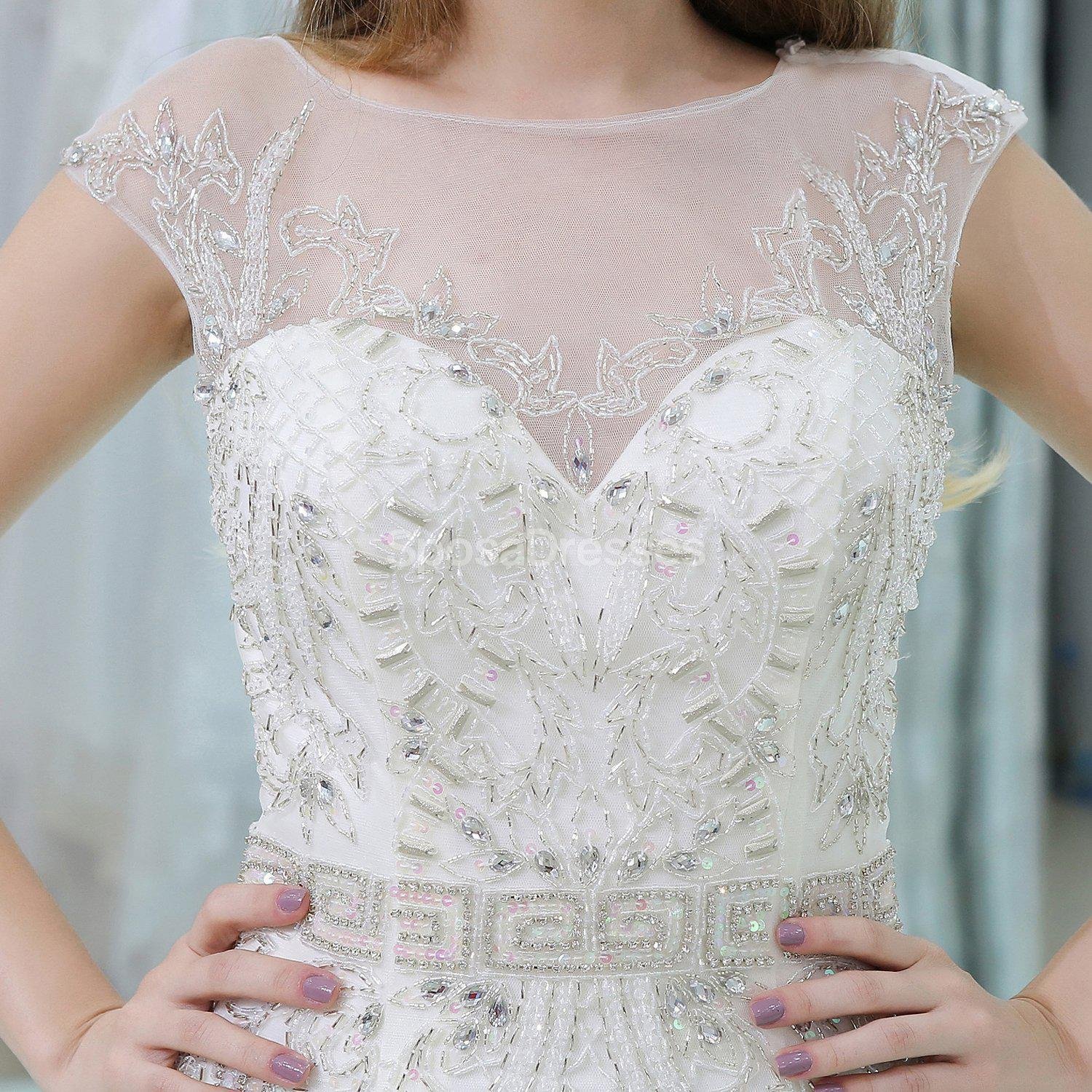 Sparkling Cap Sleeve Rhinestone Mermaid Wedding Dress - Elegant A-Line Bridal Gown for Beach/Church Ceremony (WD583) | Perfect for Romantic Outdoor Weddings & Formal Receptions