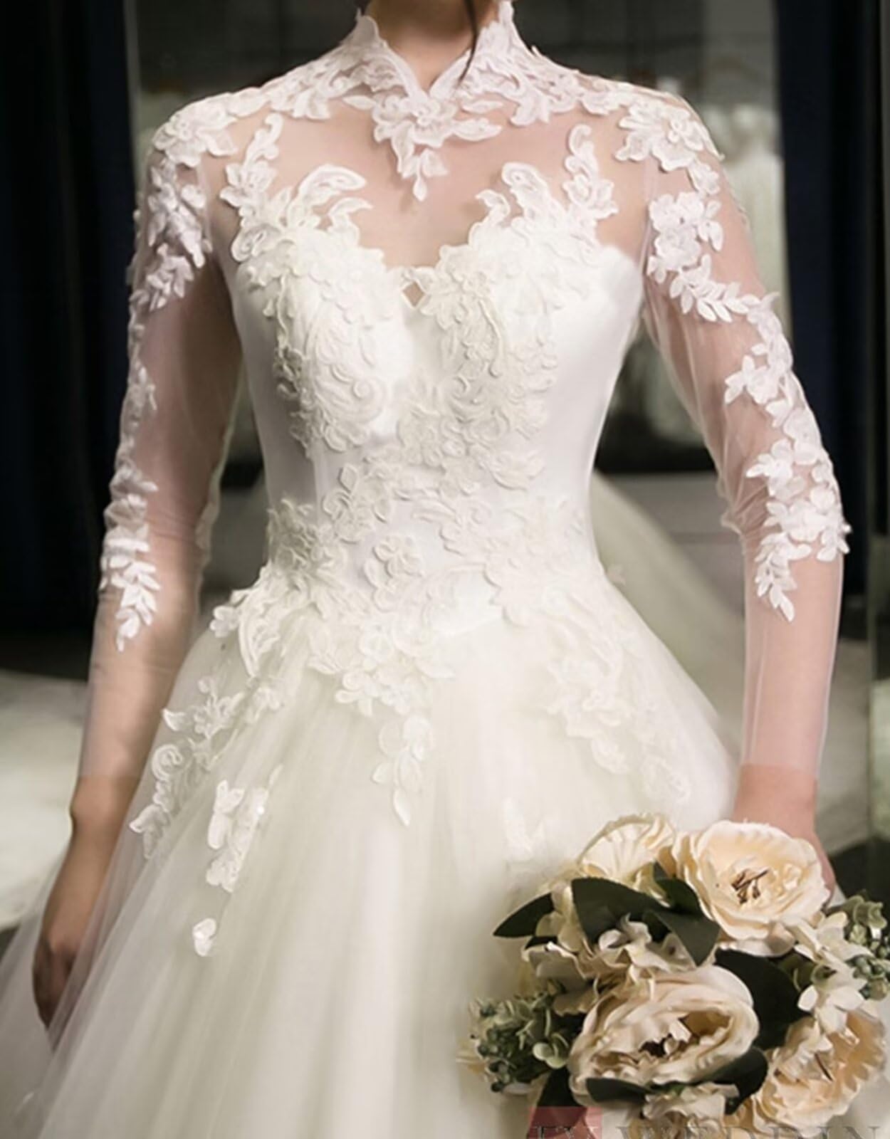 Elegant A-Line Long Sleeve Lace Wedding Dress for Bride – High Neck Tulle Bridal Gown for Formal Ceremonies & Romantic Weddings