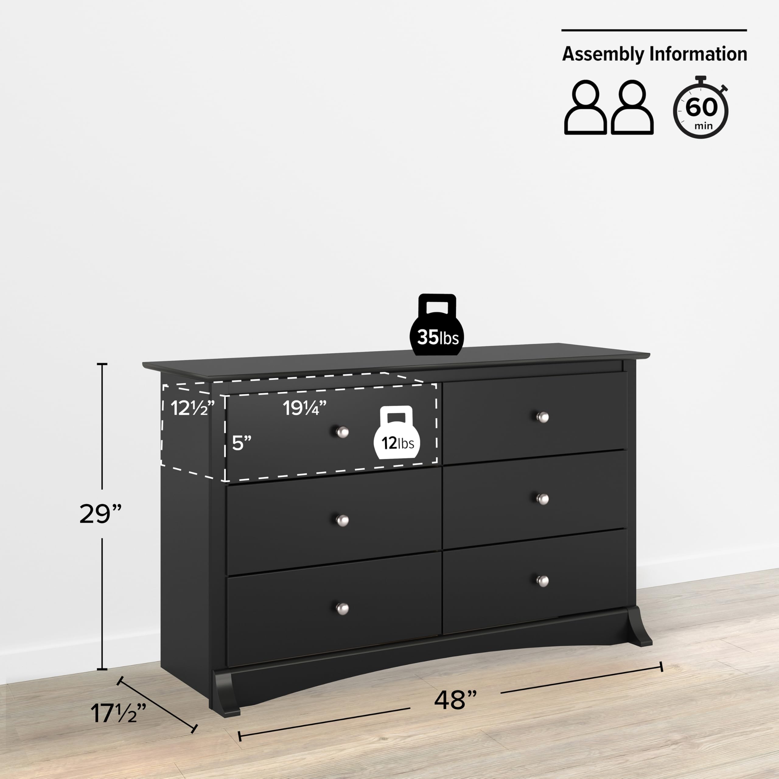 Prepac Sonoma Traditional 6-Drawer Dresser for Bedroom - Black Wooden Chest of Drawers 17.5