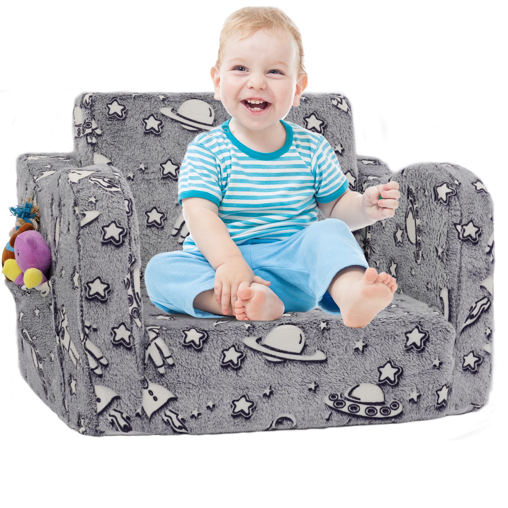 2-in-1 Glow in The Dark Toddler Couch Bed - Convertible Sofa to Lounger for Boys & Girls | Foldable Kids Furniture for Playroom, Nursery & Bedtime Reading