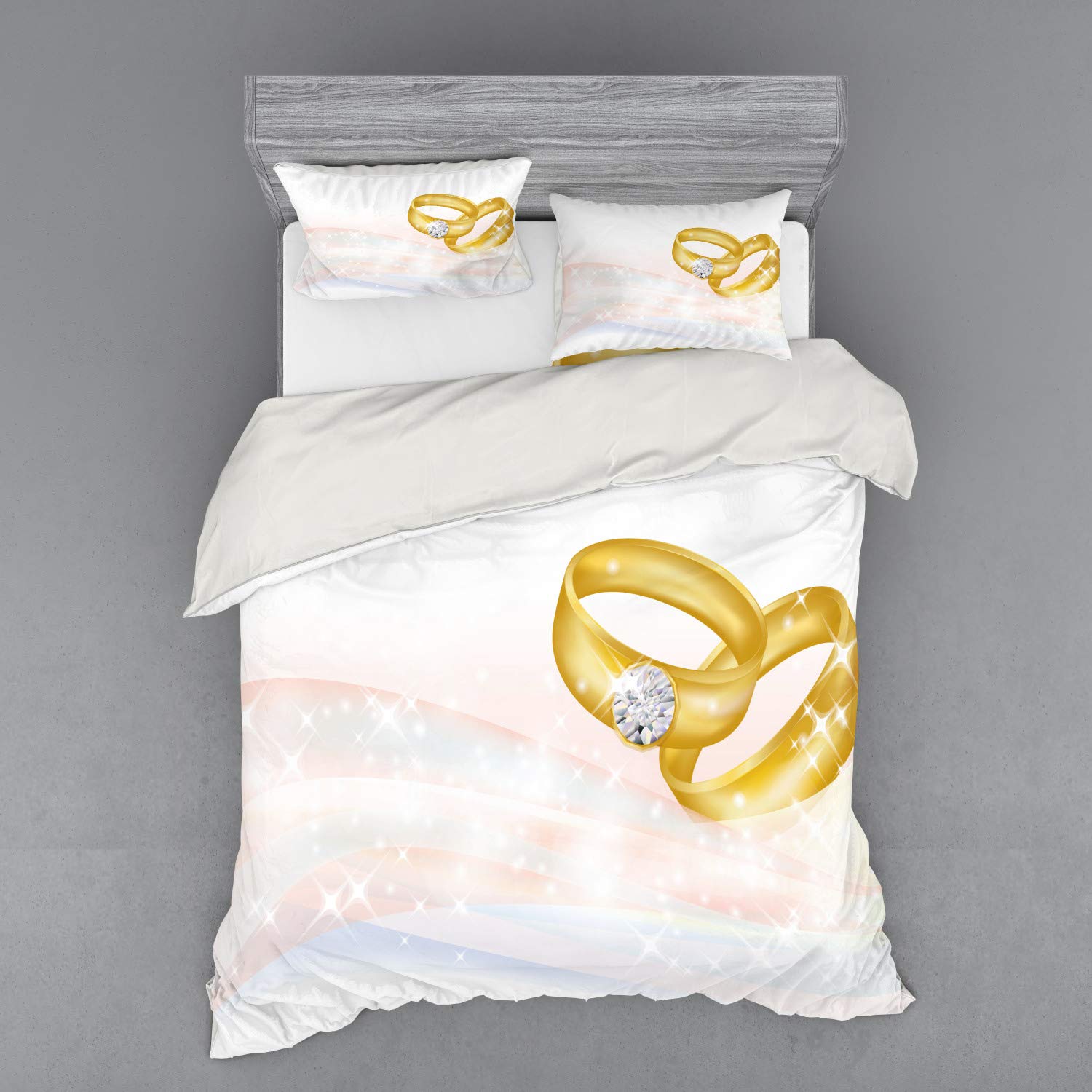 Ambesonne Wedding Bedding Set - 3 Piece Duvet Cover with Sham & Fitted Sheet, California King Size, Pale Blue & Pink Abstract Ring Design for Romantic Couples | Perfect for Engagement, Honeymoon & Anniversary Gifts