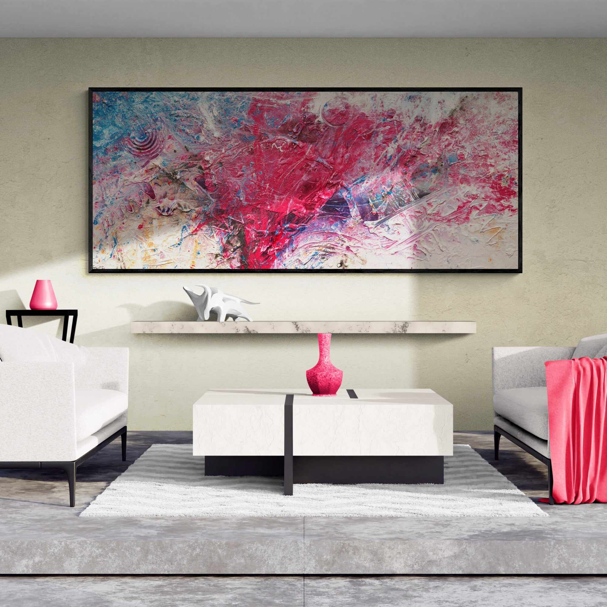 240cm x 100cm Pink Textured Abstract Canvas Painting - Modern Love Masquerade Wall Art for Living Room, Bedroom & Office Decor