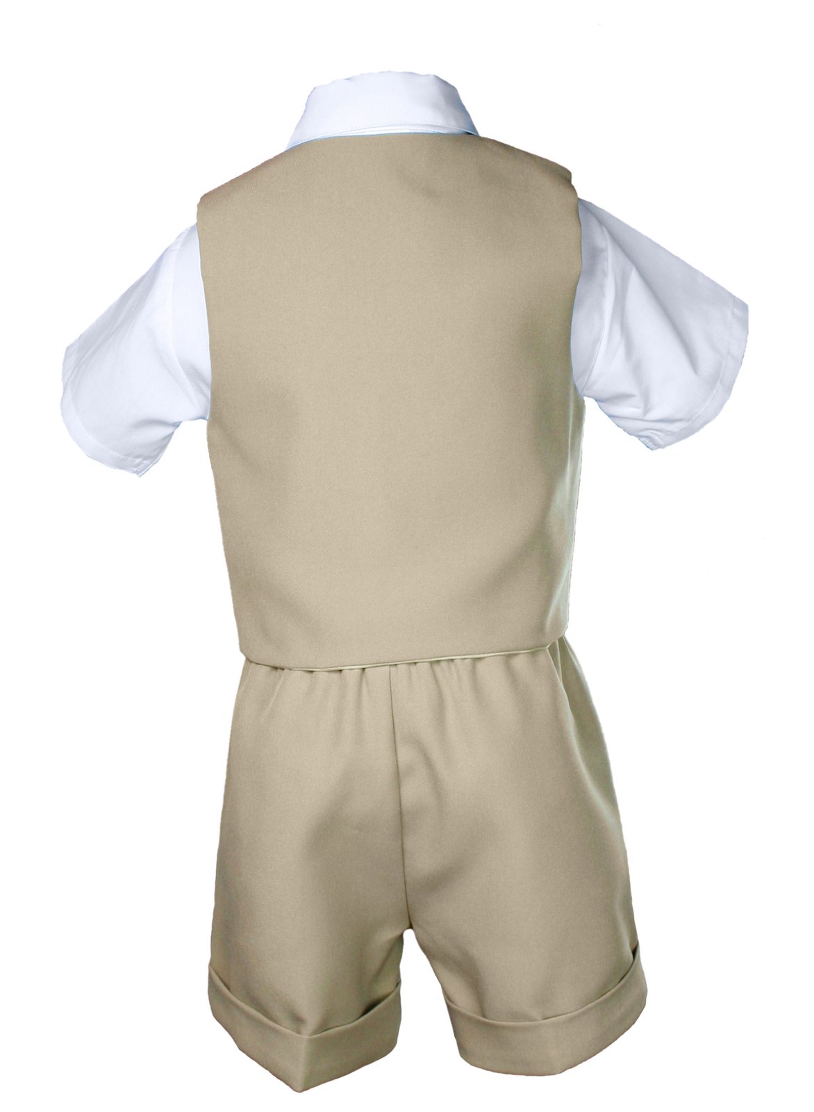 7-Piece Baby Boy Khaki Formal Bow Tie Shorts Suit Set with Extra Vest & Necktie (Sizes S-4T) - Perfect for Weddings, Parties & Special Occasions