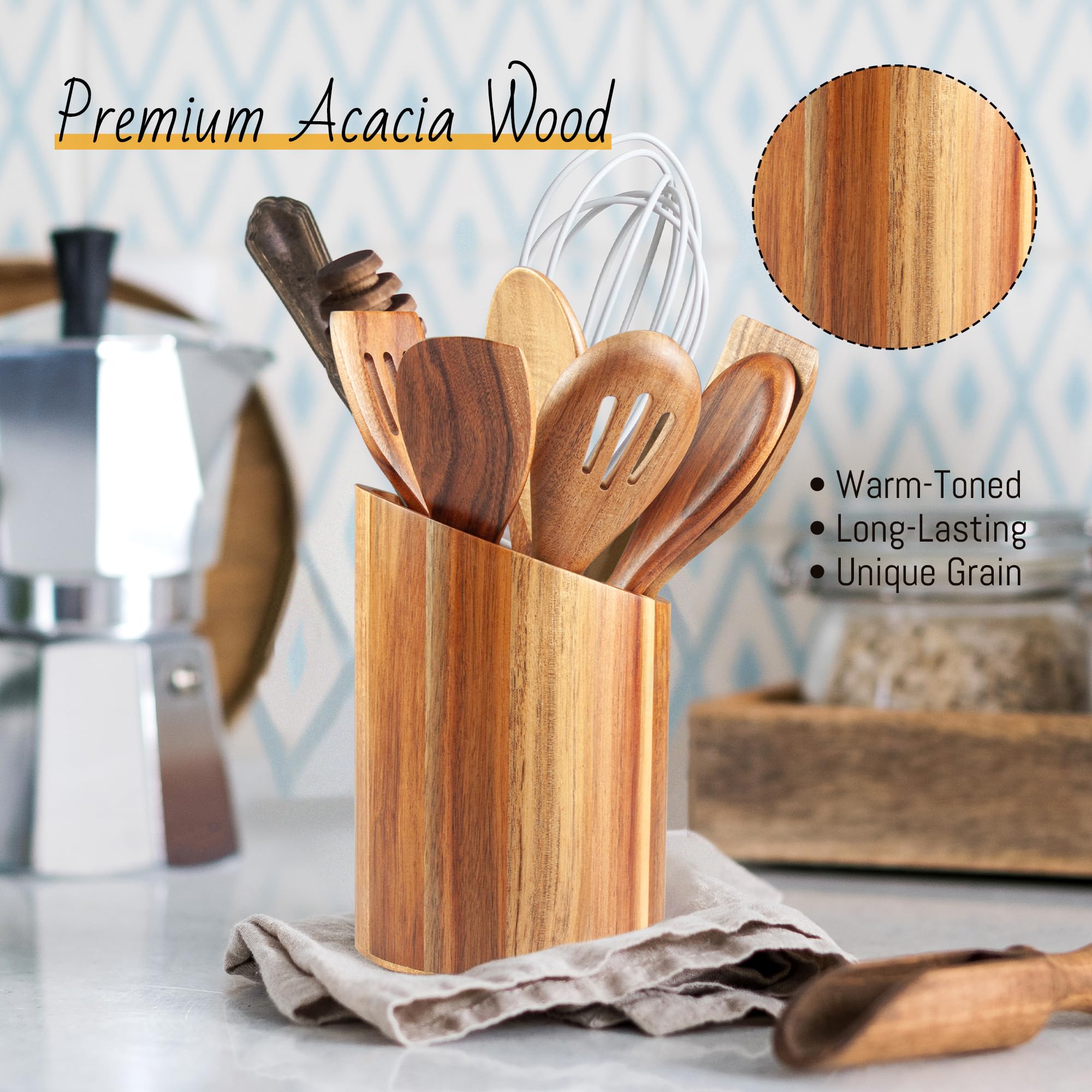 Premium Acacia Wood Kitchen Utensil Holder - Modern Slanted Top Countertop Organizer for Spatulas, Cooking Spoons & Kitchen Tools - Perfect for Farmhouse, Rustic & Contemporary Kitchen Decor