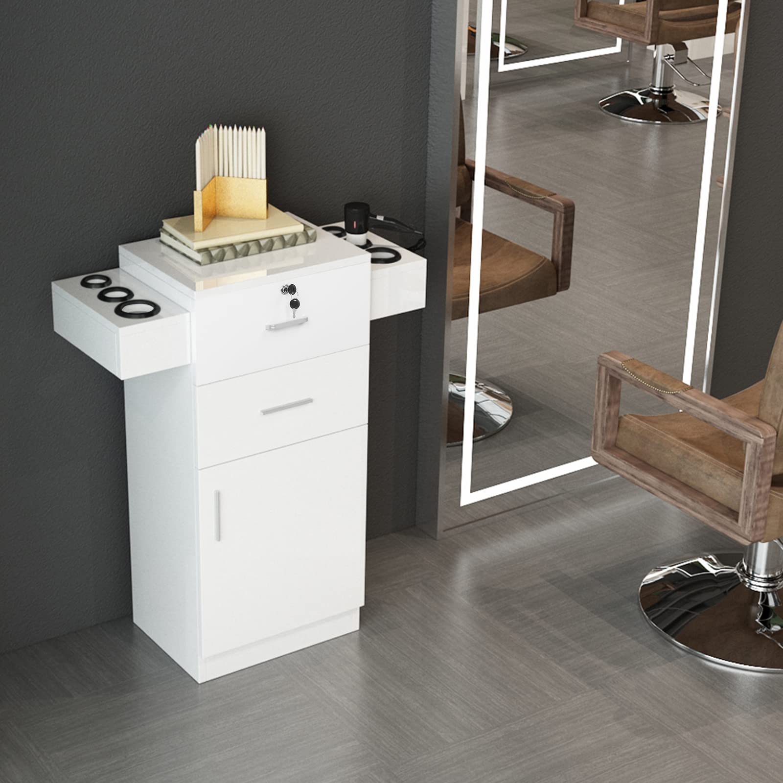 Professional Salon Storage Cabinet with 2 Drawers & 6 Hair Dryer Holders - White Beauty Salon Organizer Equipment for Styling Stations, Spa & Barber Shops - Perfect for Hair Stylists, Cosmetologists & Salon Storage Solutions