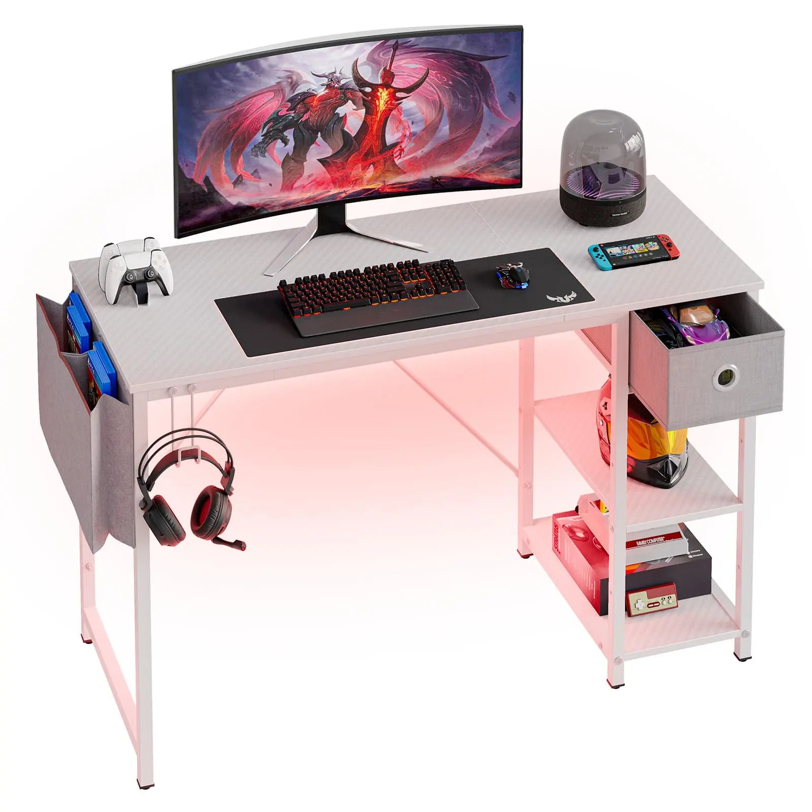 Bestier 47 Inch Modern LED Computer Desk with Storage Drawer - Home Office Desk for Work, Study & Gaming - Space-Saving Writing Table with Built-in Storage
