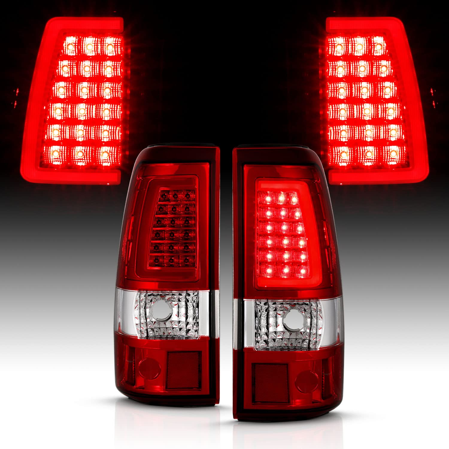 AmeriLite LED Tail Lights for 1999-2006 GMC Sierra & 1999-2002 Chevy Silverado - Ruby Red C-Type Replacement Brake Lamps (Pair) - Left & Right Side - Enhanced Night Visibility & Style Upgrade for Pickup Trucks