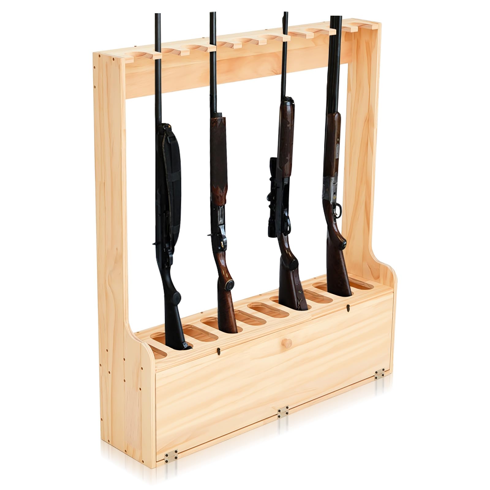 Maitys Solid Pine Free Standing Gun Rack with Storage - 10 Gun Floor Display for Rifles & Shotguns - Durable Wooden Firearm Organizer for Home, Cabin, or Hunting Lodge