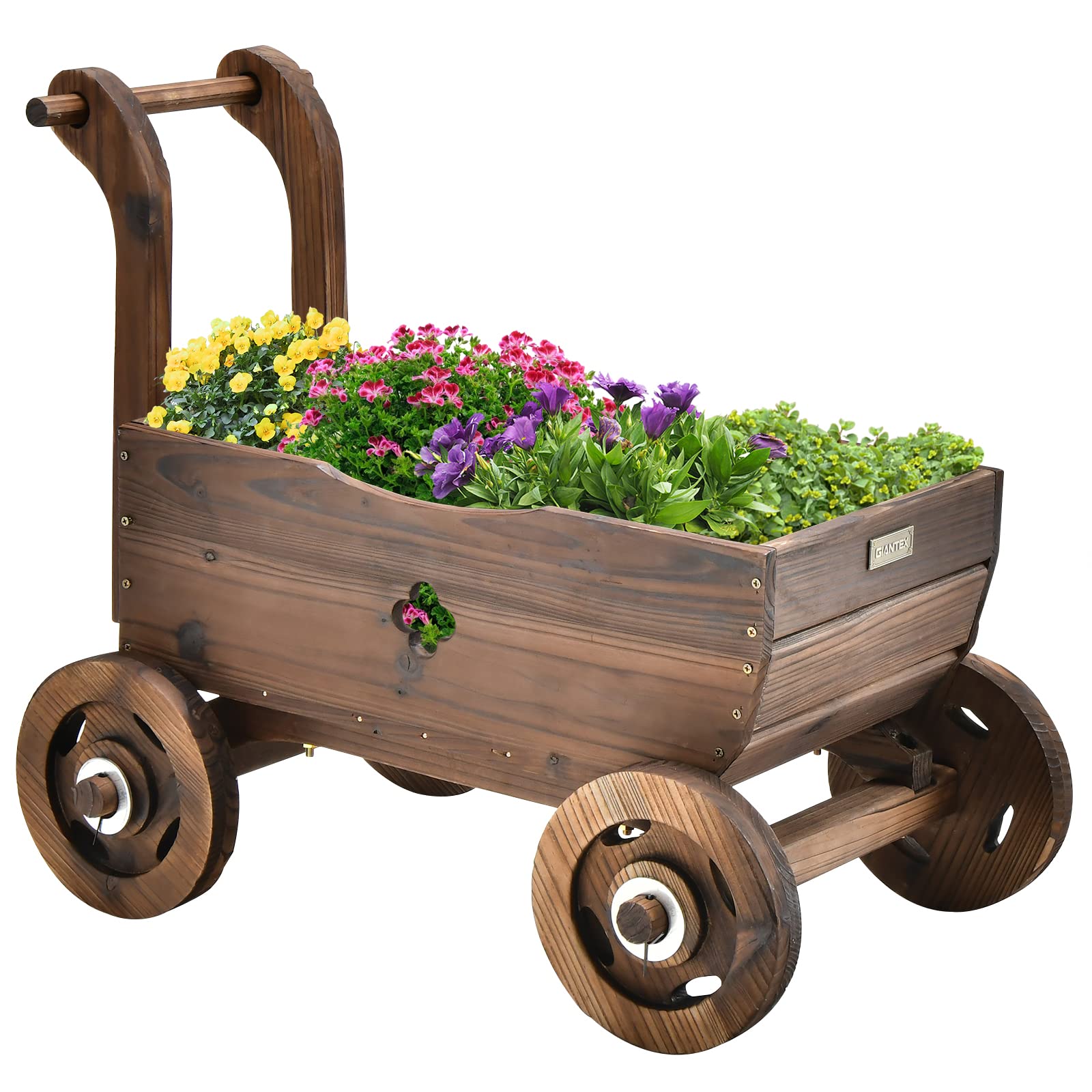 Giantex Wooden Wagon Planter with Wheels & Handle - Rustic Mobile Raised Garden Bed with Drainage Holes - Decorative Flower Pot Cart for Indoor Outdoor Patio Balcony Decor - Perfect for Herbs Flowers Succulents in Home Garden Landscaping