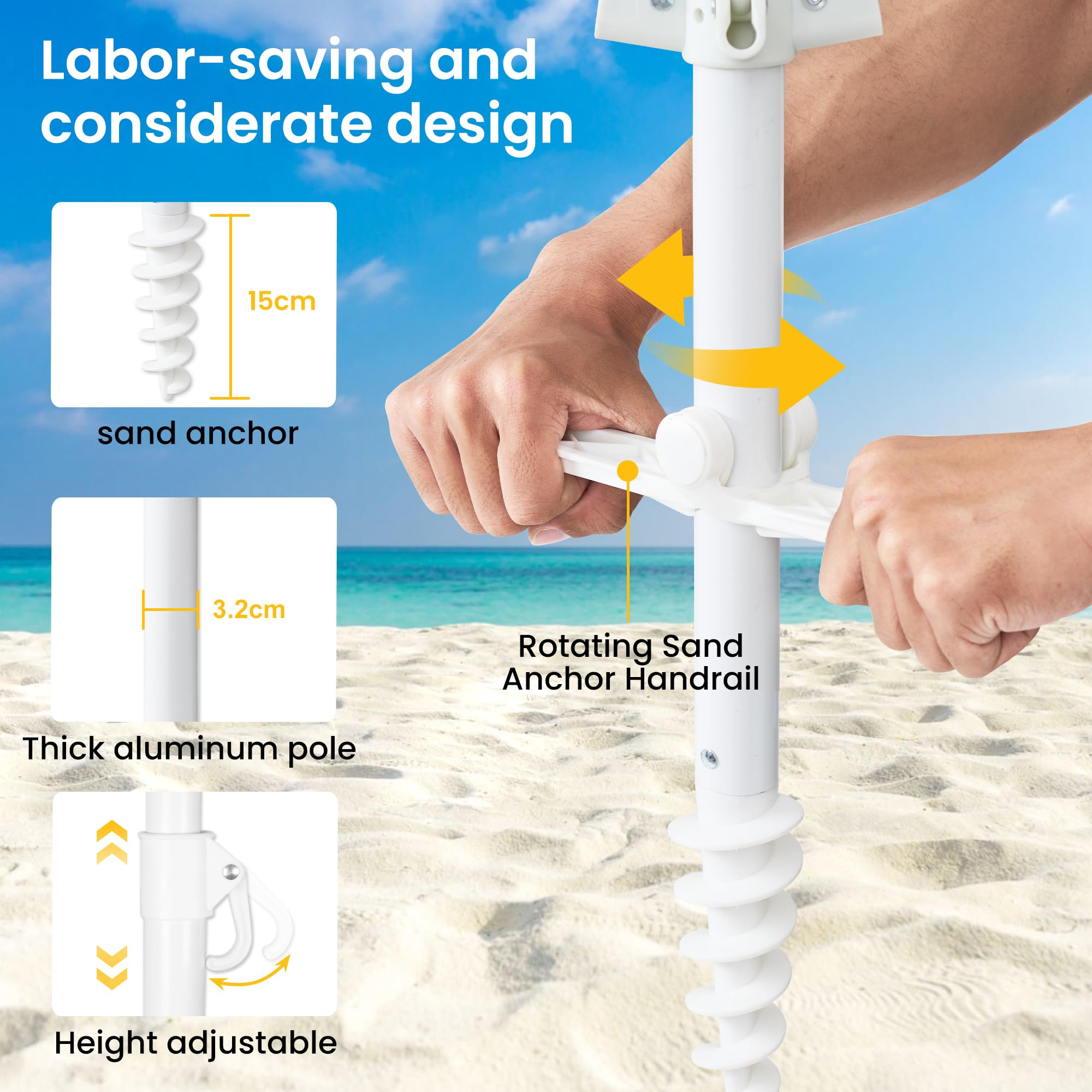 Grandekor 7FT Heavy Duty Windproof Beach Umbrella with Sand Anchor, UV 50+ Sun Protection, Portable Travel Umbrella with Carry Bag & Side Table - Perfect for Beach, Pool, Picnics, and Outdoor Adventures