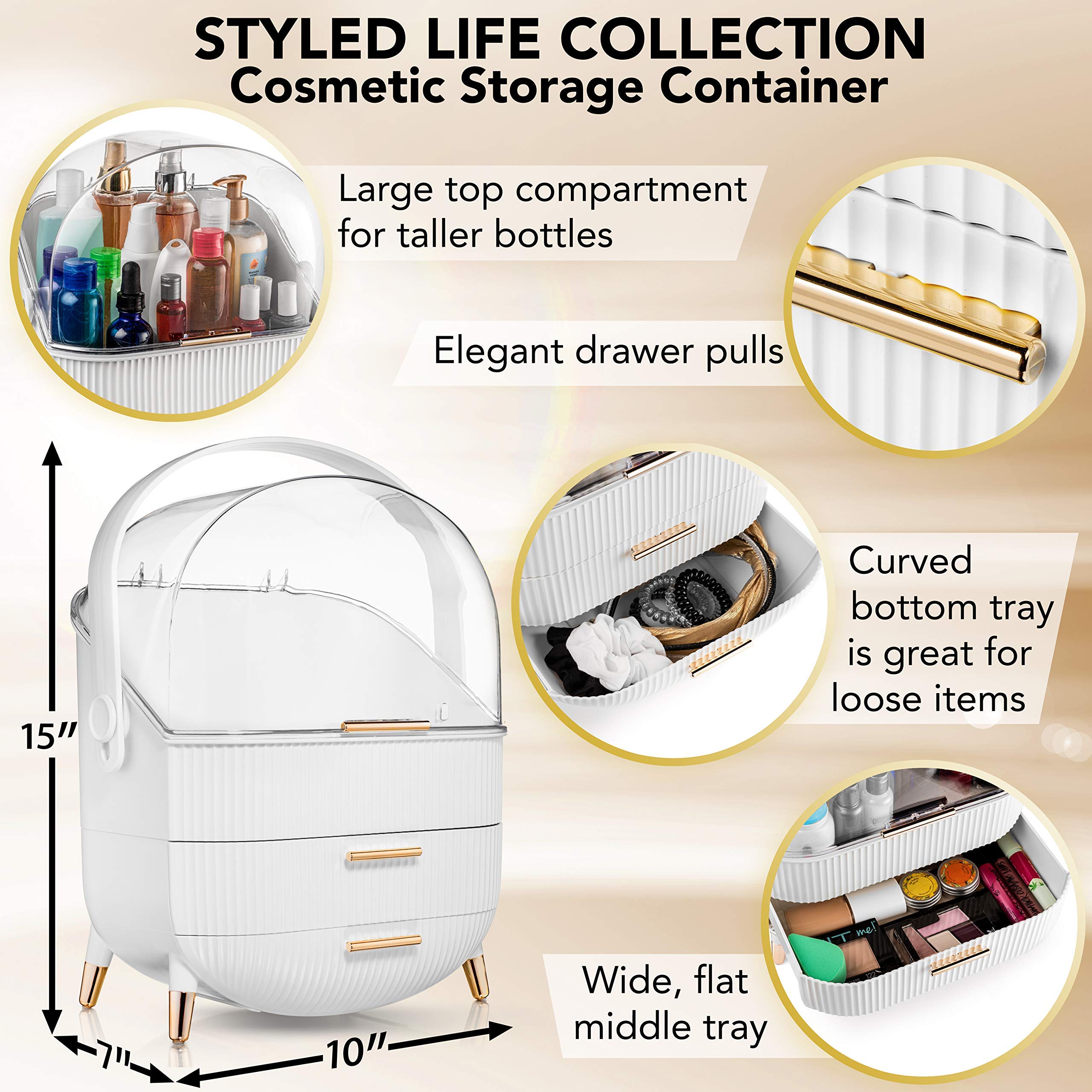 COLIBROX Acrylic Makeup Organizer with Lid & Drawers - Waterproof Cosmetic Storage Case in White & Rose Gold | Perfect for Bathroom Countertop, Vanity, Dresser & Desk Organization