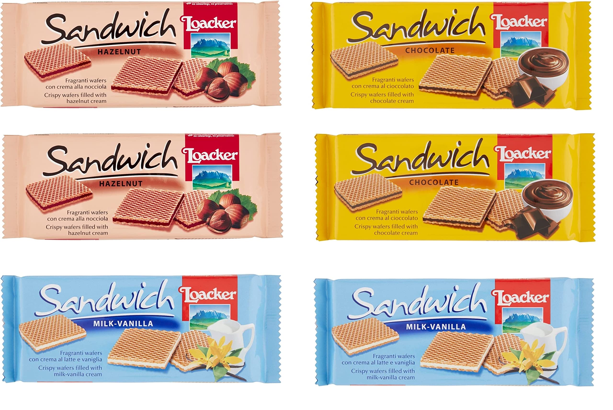 Loacker Sandwich Wafers - Noisette Chocolate & Milk Vanilla Flavor (6x75g) | Delicious Italian Snacks for Office, School & Travel