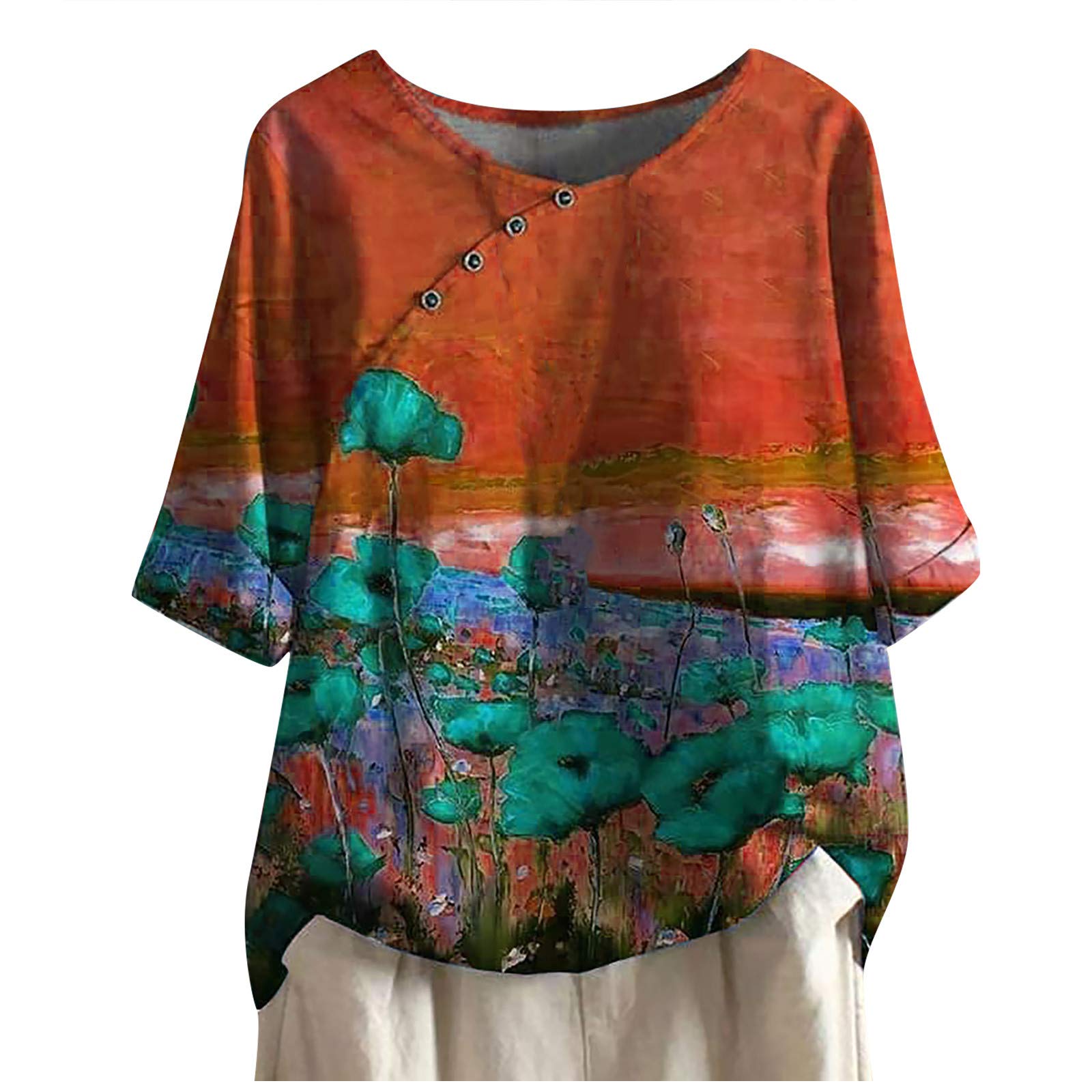 Women's Floral Linen Blouse - Summer Casual Short Sleeve Tunic Top with Buttons & Loose Fit | Trendy Boho Shirt for Beach, Office & Date Night Outfits