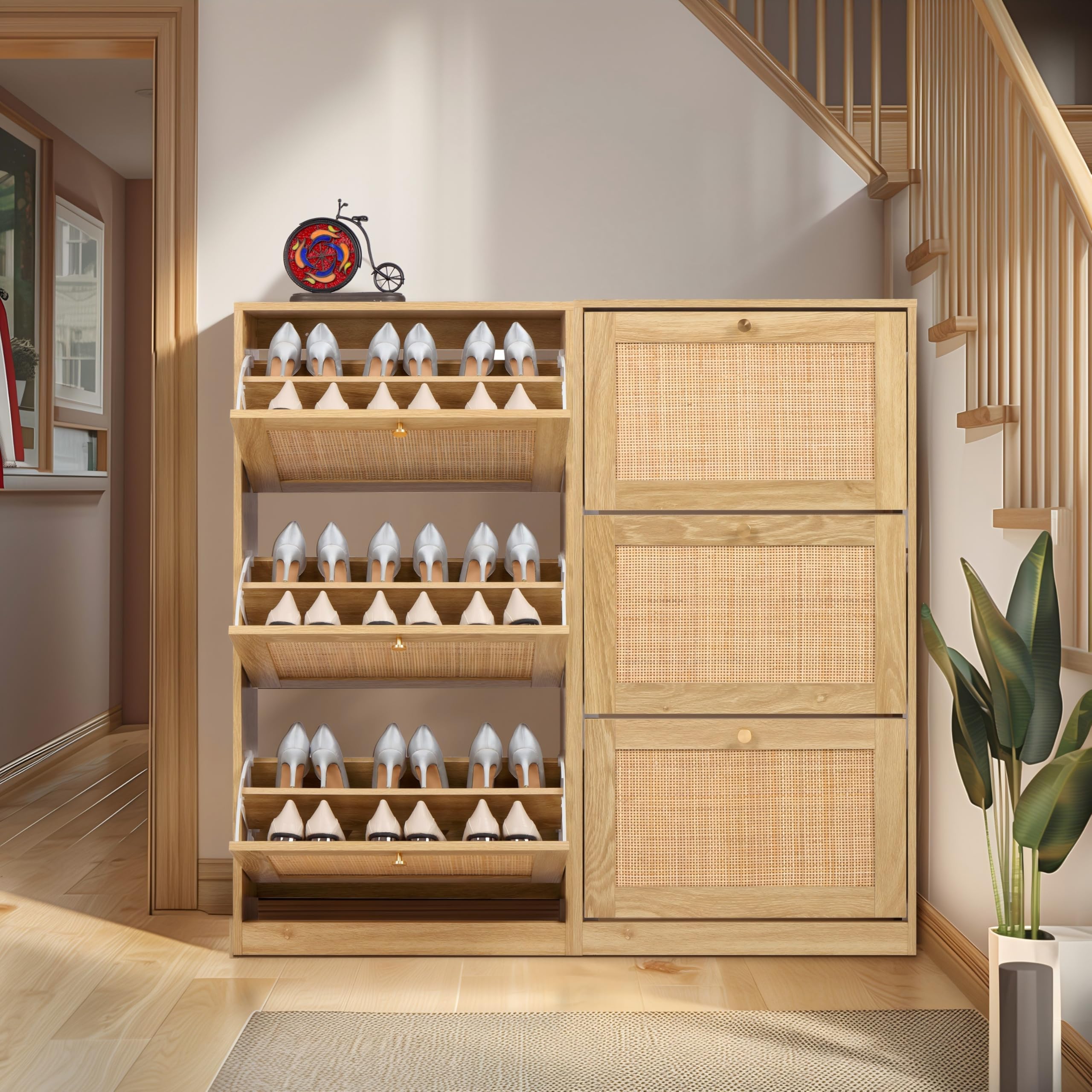 Finnhomy 3-Tier Shoe Cabinet with Natural Rattan Flip Drawers - Free Standing Slim Shoe Storage Organizer for Entryway, Large Top Board & Adjustable Width Drawers - Perfect for Small Spaces, Apartments & Closet Organization
