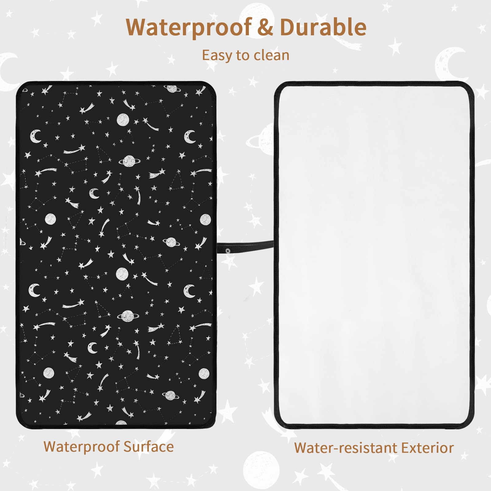 Portable Waterproof Baby Diaper Changing Pad - Compact Travel Changing Mat with Wrist Strap, Wipeable & Lightweight for Diaper Bag (Black Stars) - Perfect for On-the-Go Parents, Airplane Travel & Quick Diaper Changes