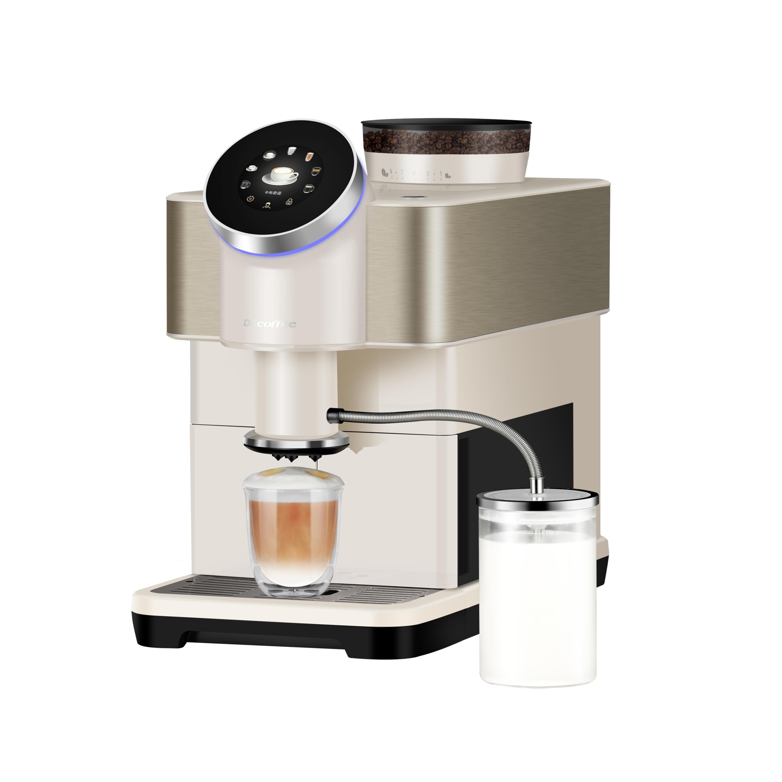 Fully Automatic Espresso Coffee Machine with Milk Frother - Dr.coffee H2 Home Coffee Maker, Detachable Water Tank, Round Touch Screen, Piano Black/Cream White for Kitchen, Office, Cafe Use
