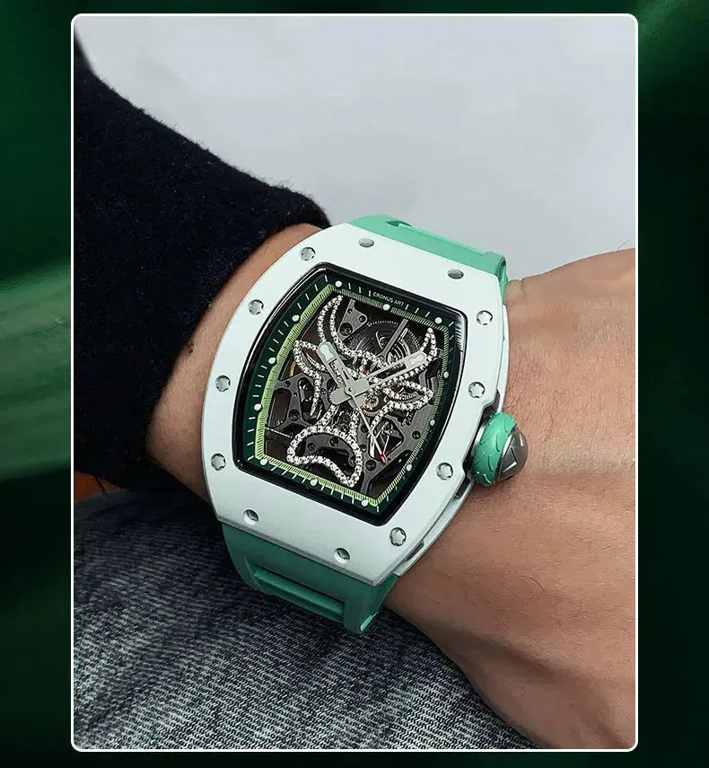Luxury CRONUSART Men's Automatic Skeleton Watch - Carbon Fiber Case, Luminous Dial, Fluororubber Strap - Mechanical Wristwatch for Business, Formal & Casual Wear