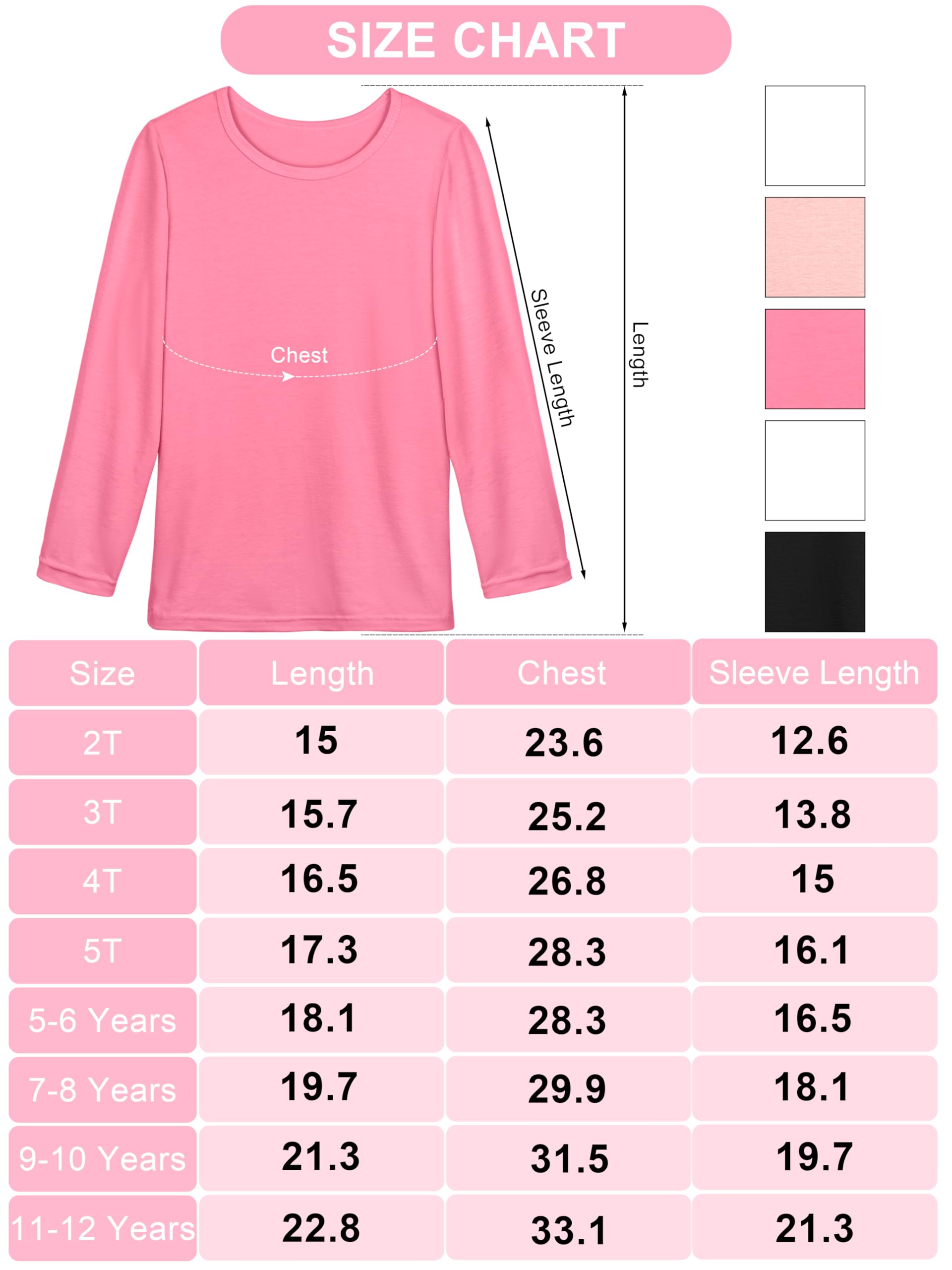 Cooraby 5 Pack Girls' Long Sleeve T-Shirts - Soft Cotton Crewneck Toddler Tees for Kids - Perfect for School, Playdates & Everyday Wear