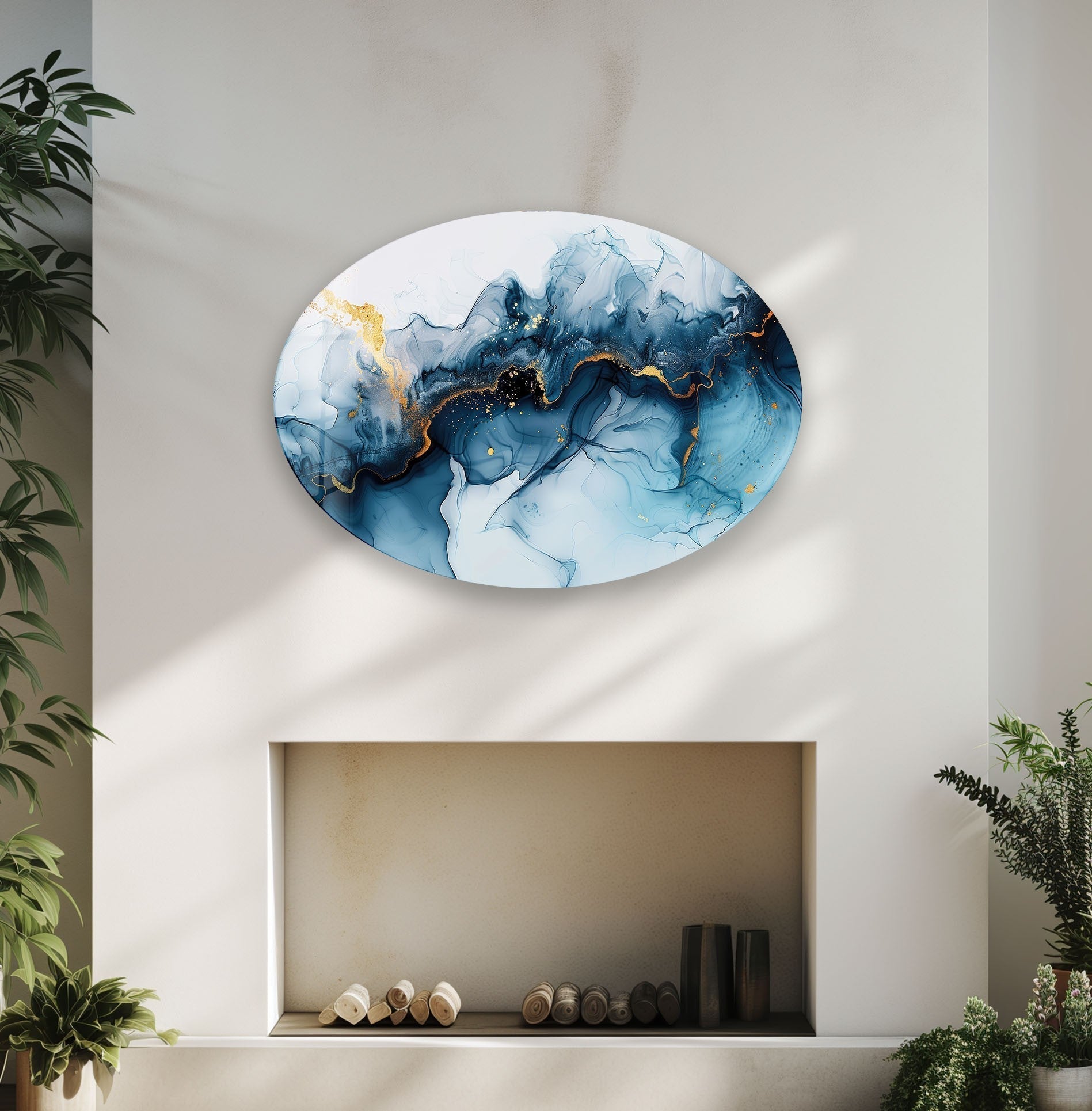 Asymmetric Oval Navy Blue Glass Wall Art - Modern Abstract Home Decor for Living Room, Bedroom, Office - Handmade Glass Wall Hanging for Unique Interior Design