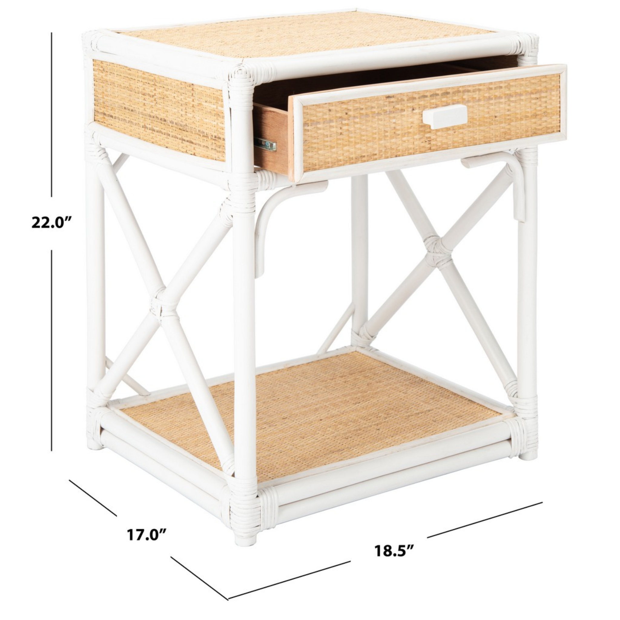 White and Natural Bali One Drawer Nightstand - Bedside Table for Bedroom, Living Room, or Nursery - Compact Storage Solution with Elegant Design